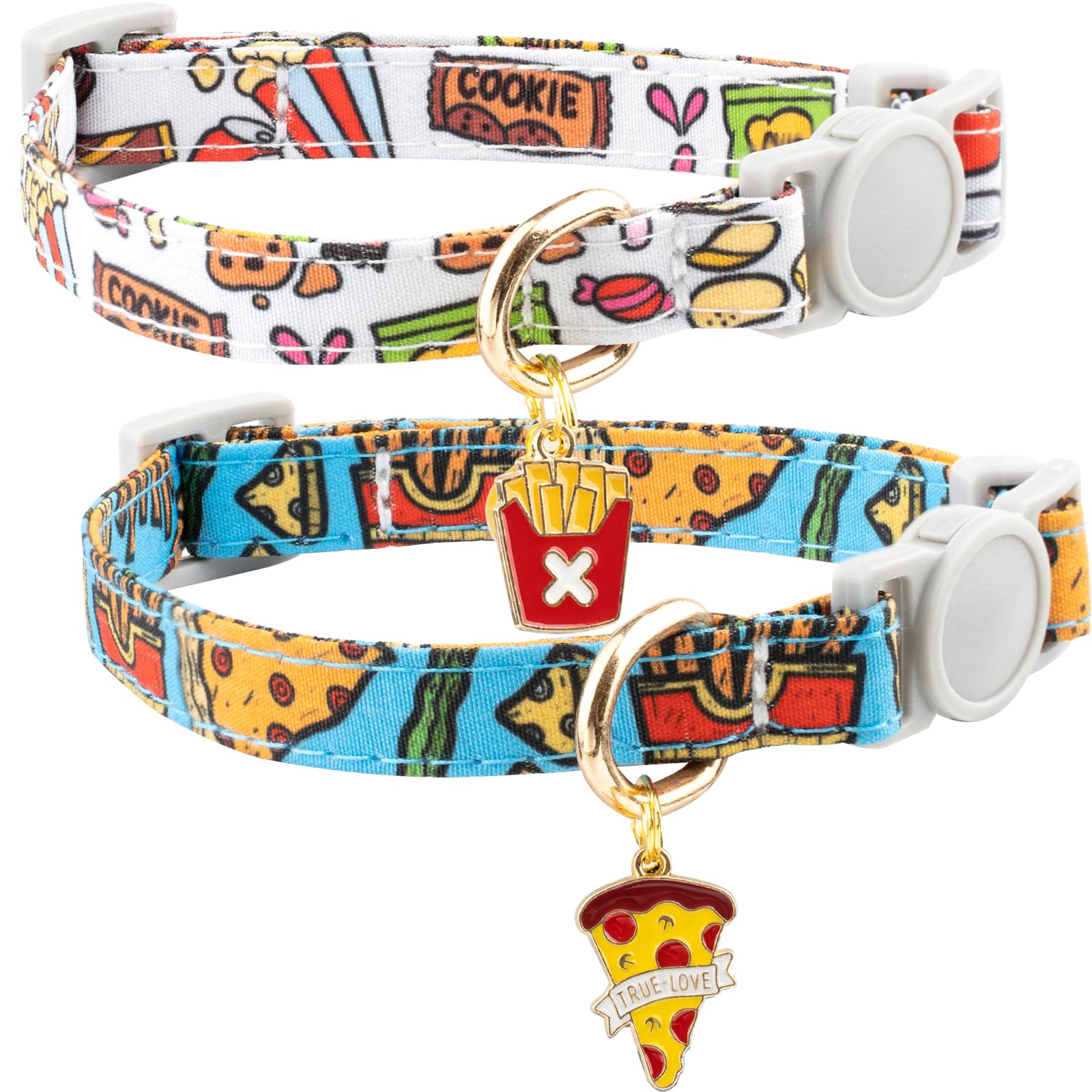 Faygarsle 2 Pack Breakaway Cat Collar With Bells For Female Malel Cats Cute Blue White Collar With Pizza Fries Charm For Cats