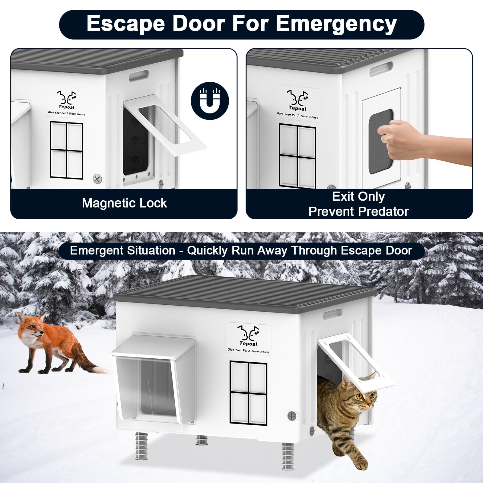 Dahivs Indestructible Heated Cat House for Outside Winter, Heated Outdoor Cat House Weatherproof with Escape Door, Waterproof &