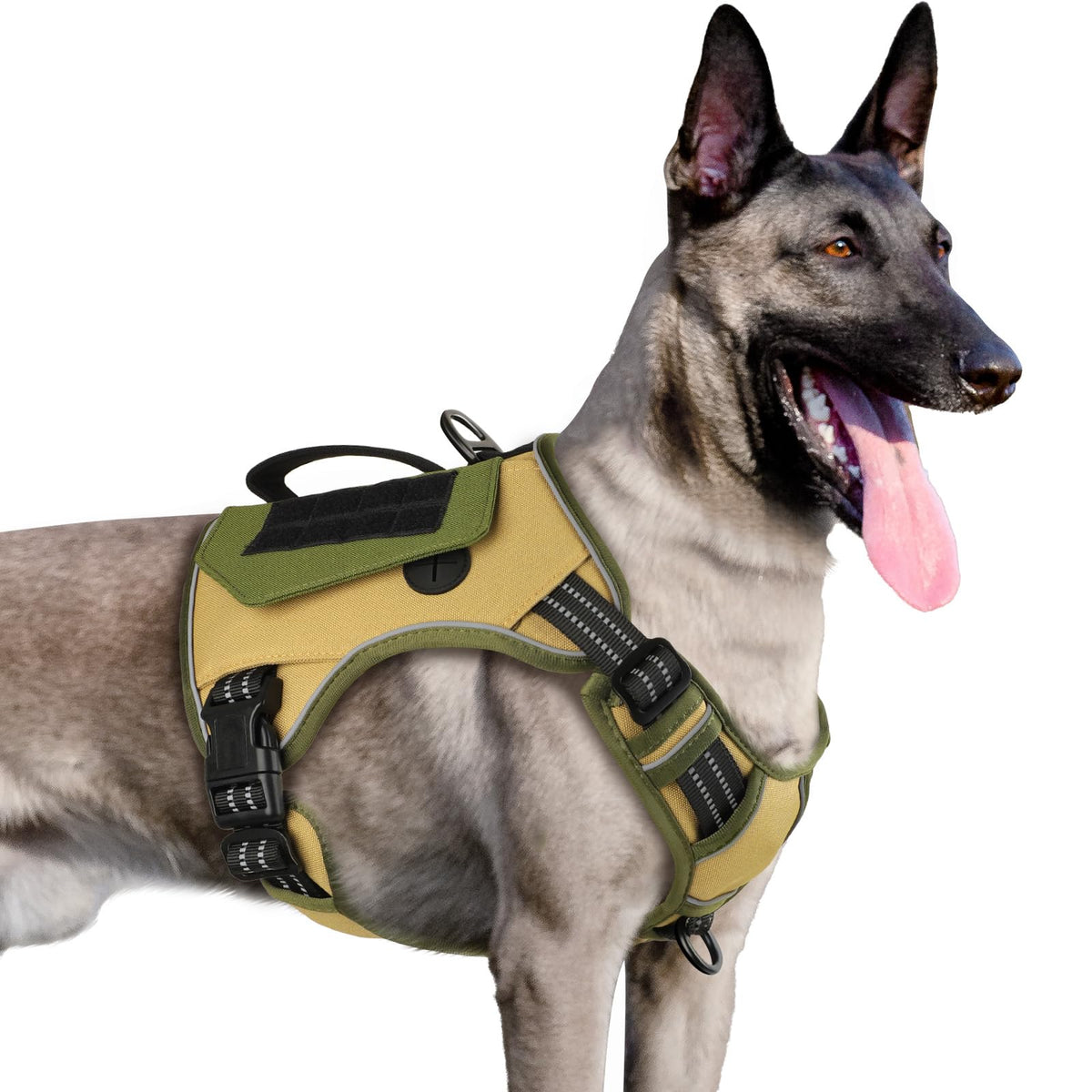 Wingoin Tactical Dog Harness For Large Dogs, No Pull Harness With Handle 2 Pockets Poop Bag, Reflective Dog Vest, Military Service Heavy Duty Big Dog Harness For Walking Hiking Training, Khaki, L