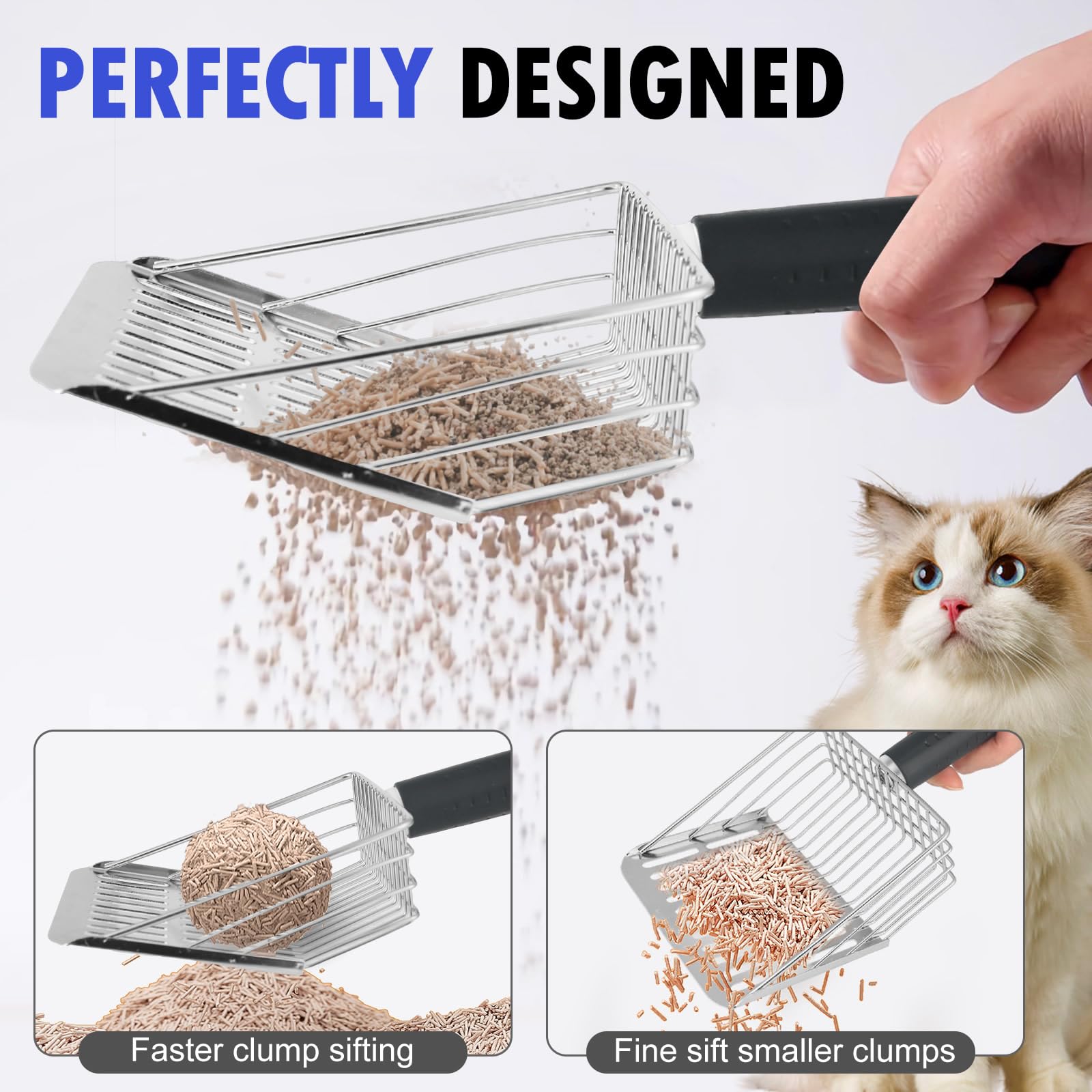 Faoemsey Cat Litter Scoop, Solid and Durable Kitty Metal Scooper, Stainless Steel Sifter, Heavy Duty, for Litter Box, Black Rubb