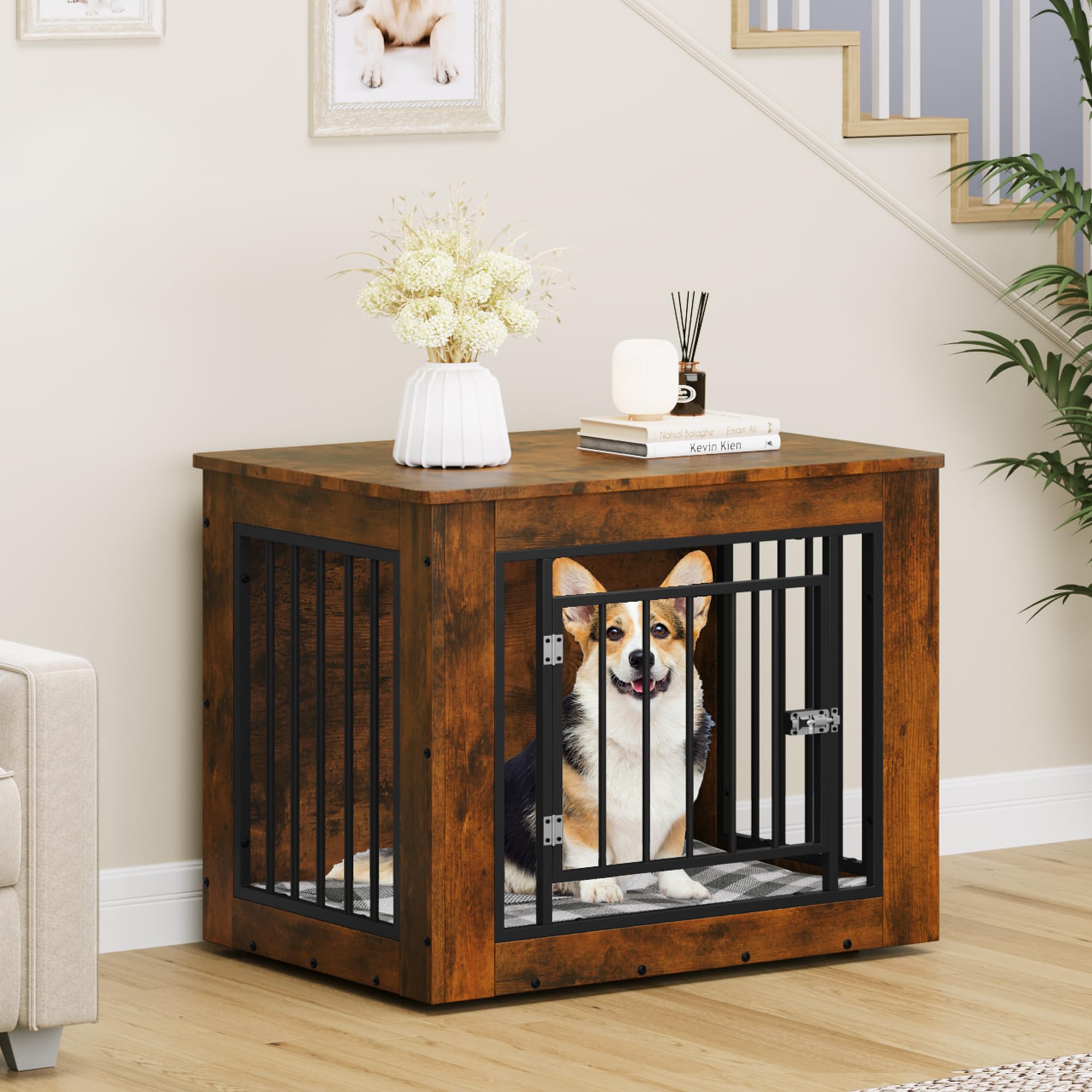 YITAHOME Dog Crate Furniture for Medium Dogs, Side End Table, Modern Dogs Kennel Indoor up to 35 lb, 2-in-1 Iron-Wood Fusion Dog