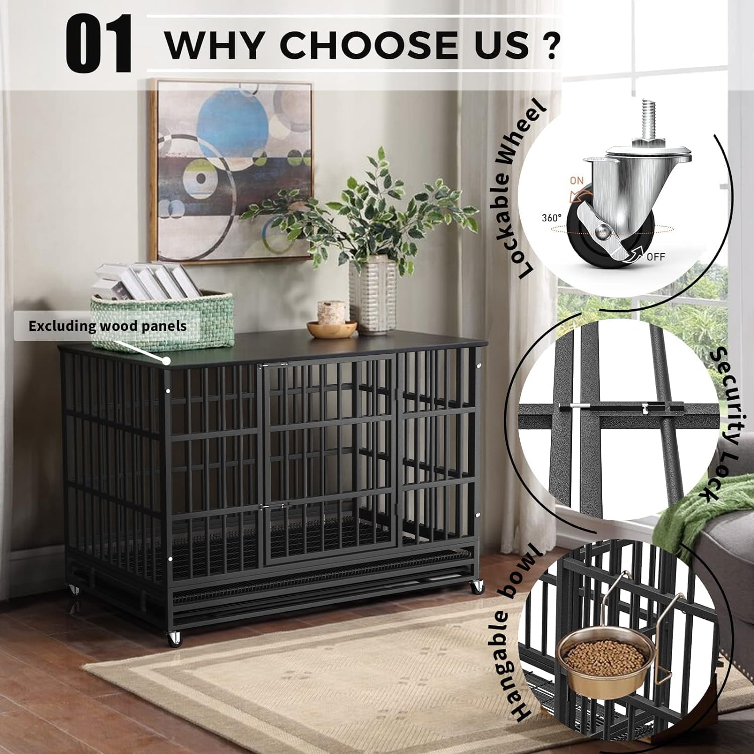 Otaid 48 Inch Heavy Duty Dog Crate Cage Kennel With Wheels, High Anxiety Indestructible Dog Crate, Sturdy Locks Design, Double D