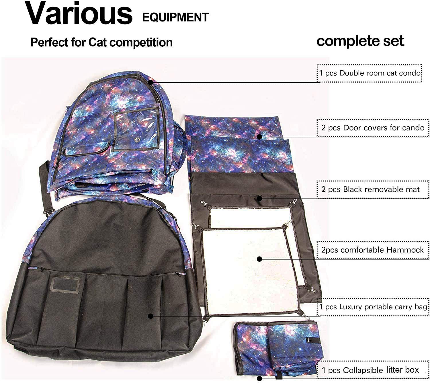 Mispace Portable Twin Compartment Show House Cat Cage/Condo - Easy To Fold & Carry Kennel - Comfy Puppy Home & Dog Travel Crate With Portable Carry Bag/Two Hammocks/Mats And Collapsible Litter Box