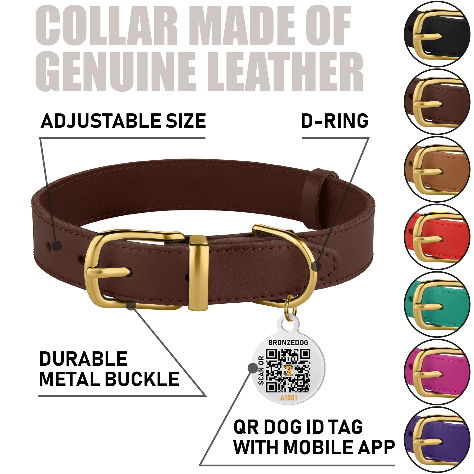 Bronzedog Leather Dog Collar With Metal Buckle Durable Basic Pet Collars For Small Medium Large Dogs (19-21 Inch (Pack Of 1), Dark Brown & Gold Buckle)
