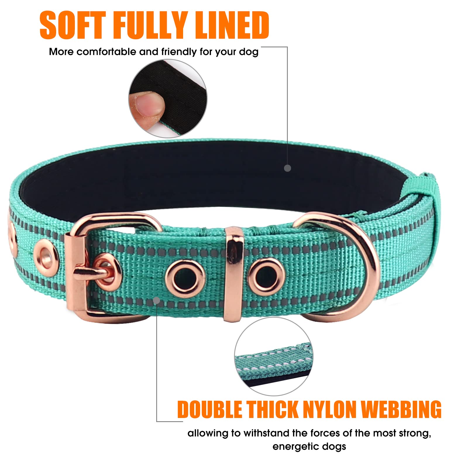 Yunleparks Neoprene Padded Dog Collar - Nylon, Heavy Duty With Metal Buckle, Adjustable Reflective for Small Medium Large Dogs (