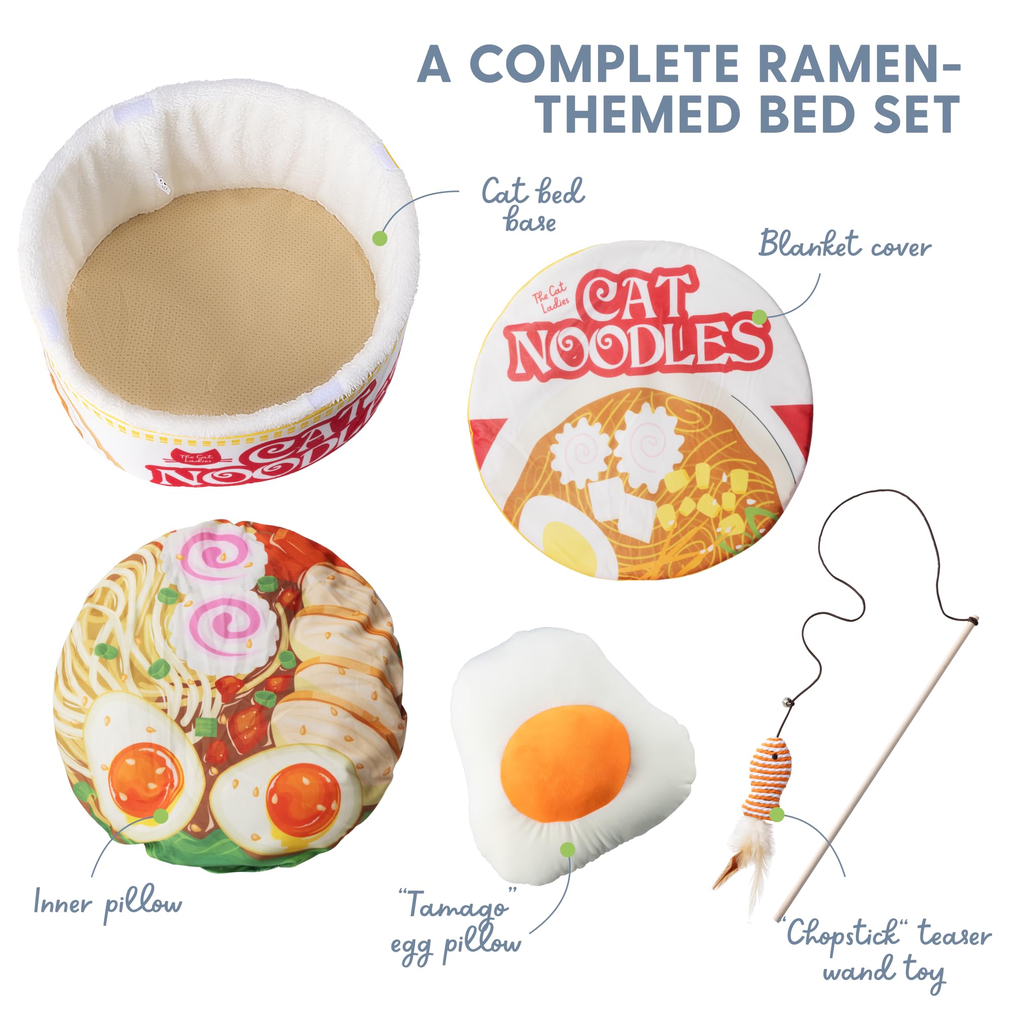 Cat Ladies Ramen Cat Bed - Cozy 5-Piece Soft Nest Set With Blanket Pillows And Teaser Toy - Compact Noodle Bowl-Themed Pet Beds