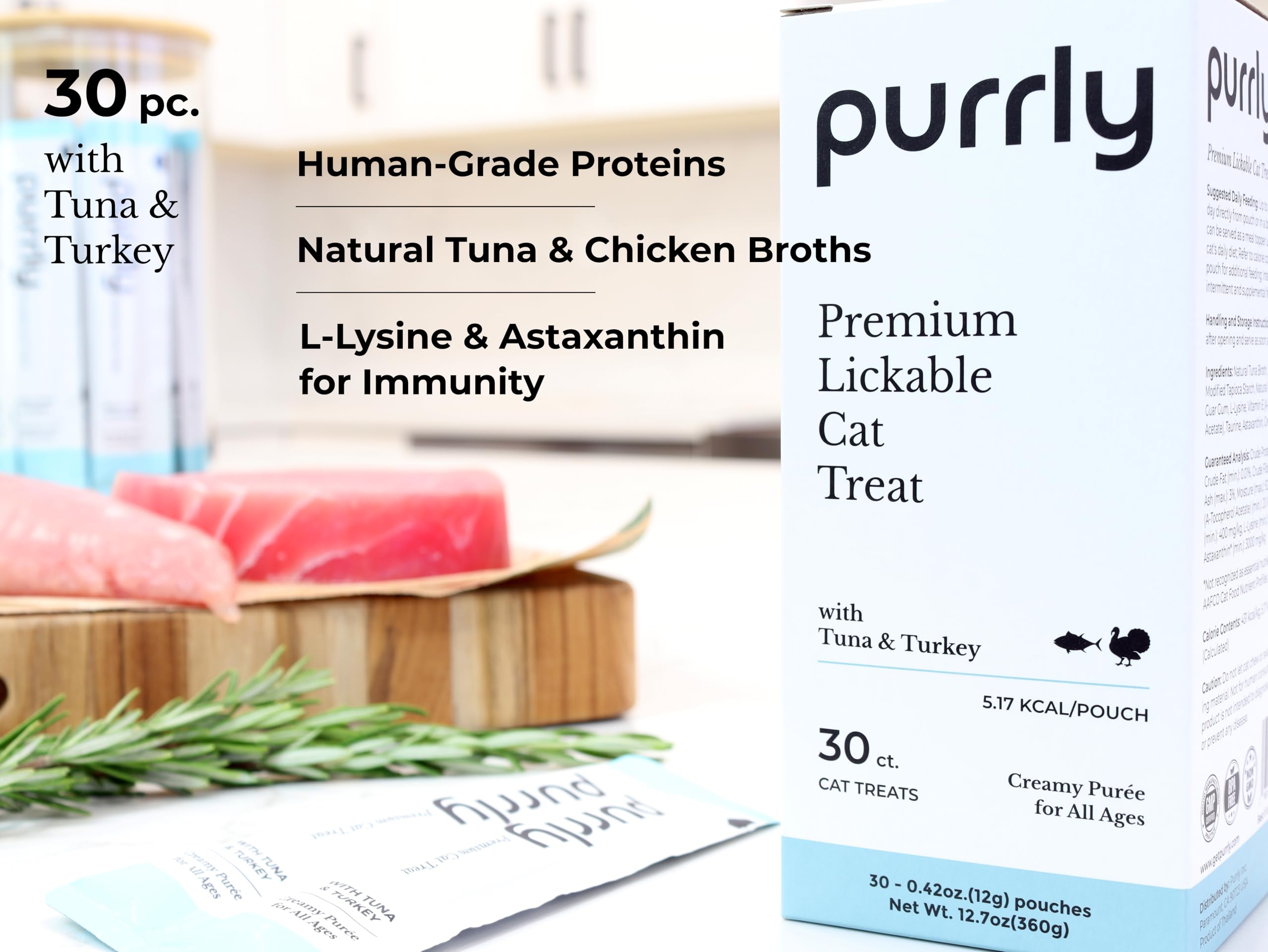 Purrly Lickable Cat Treat Healthy Human-Grade Tuna & Turkey with L-Lysine & Astaxanthin for Immunity (30 Count) Soft Healthy Low