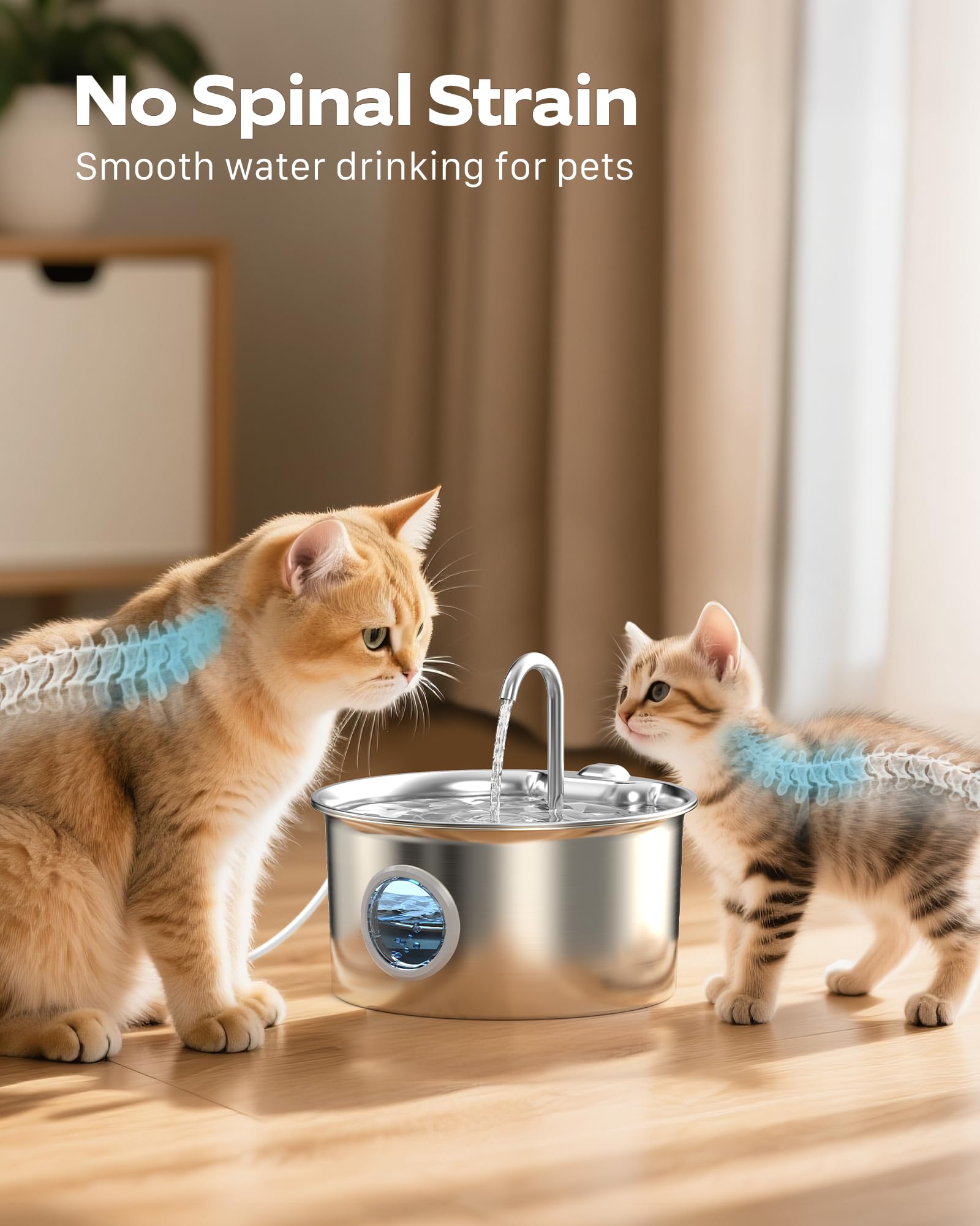 Stainless Steel Cat Water Fountain: Cat Fountain with 6 Filters + 3 Sponges - 88oz/2.6L Pet Water Fountain for Cats Inside - Sil
