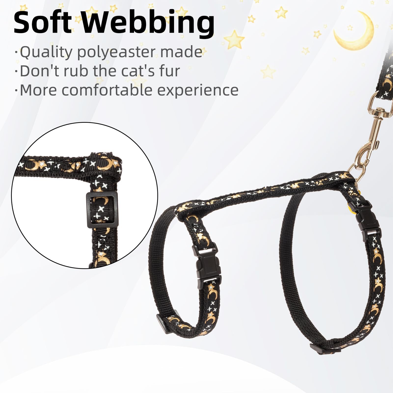 Pupteck Adjustable Cat Harness And Leash Set Escape Proof Kitten Strap Collar For Walking Travel, Moon&Star