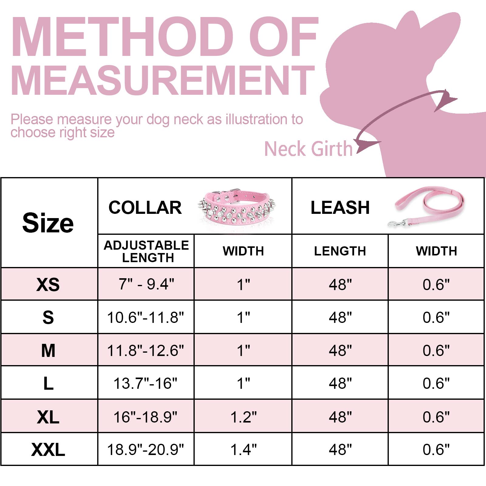 Epesiri Spiked Dog Collar, Adjustable Pink-Gold PU Leather, Includes Leash, Size L (13.7"-16")