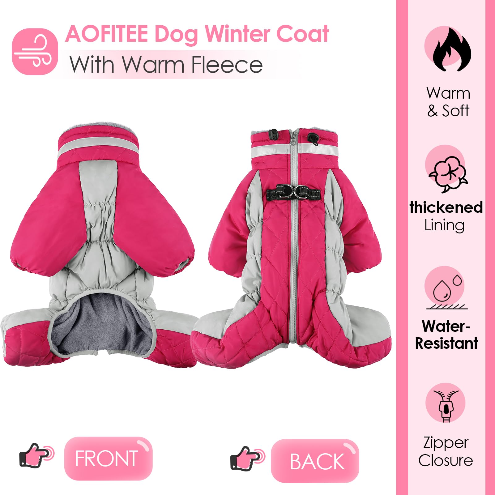 AOFITEE Warm Puffer Jacket for Winter - Windproof Dog Coat With Built-in Harness, Reflective Turtleneck, Four-Legged Fleece Snow