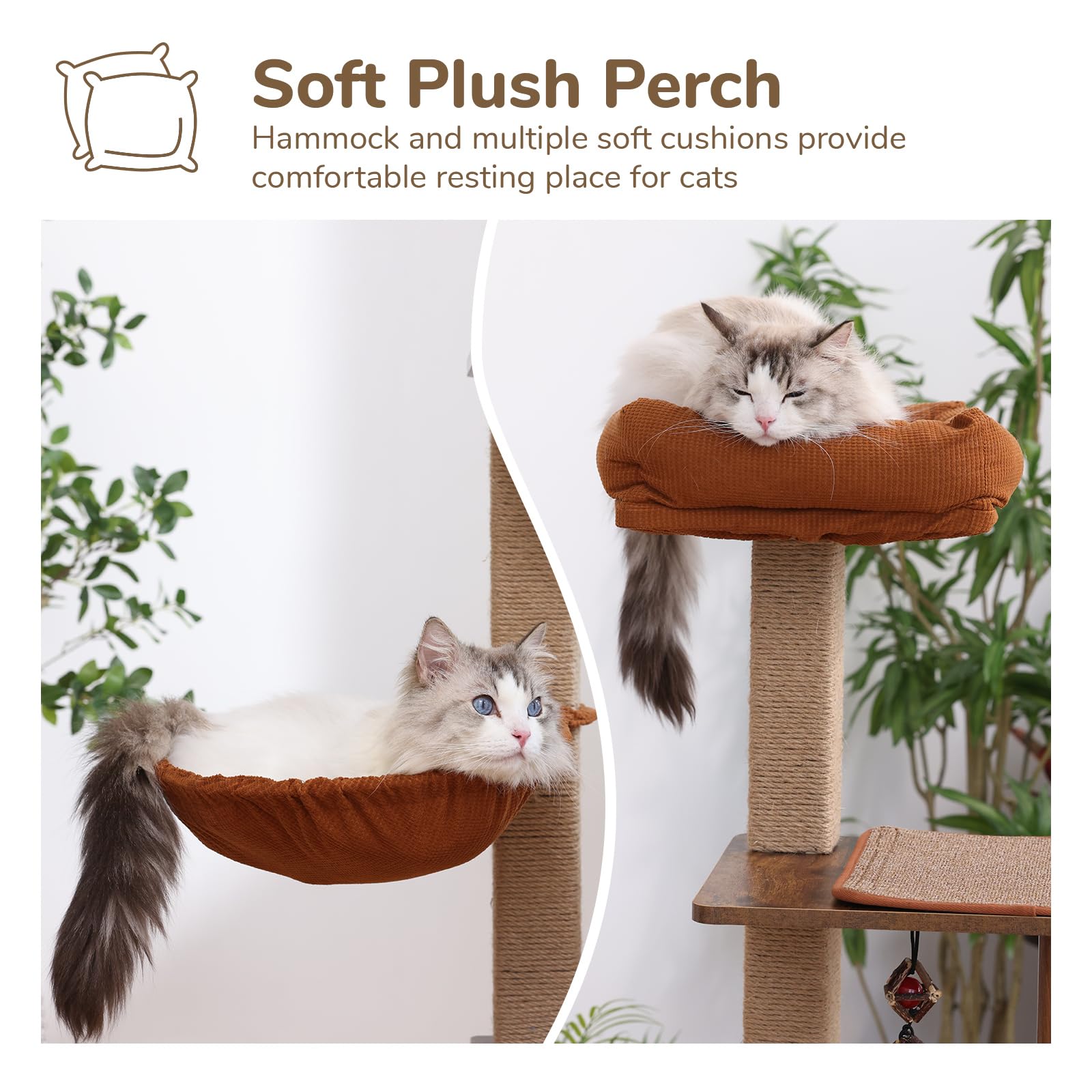 Fukumaru Cat Tree, 4 In 1 Large Modern Cats Tower With Jute Scratching Post And Hammock, Wood Cat Condo With Silvervine Balls, B