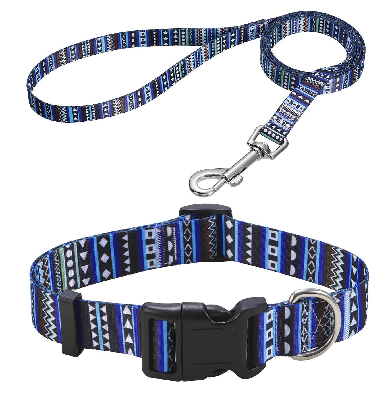 Mihqy Dog Collar And Leash Set With Bohemia Floral Tribal Geometric Patterns - Soft Ethnic Style Collar Adjustable For Small Medium Large Dogs(Bohemian Blue Set,M)