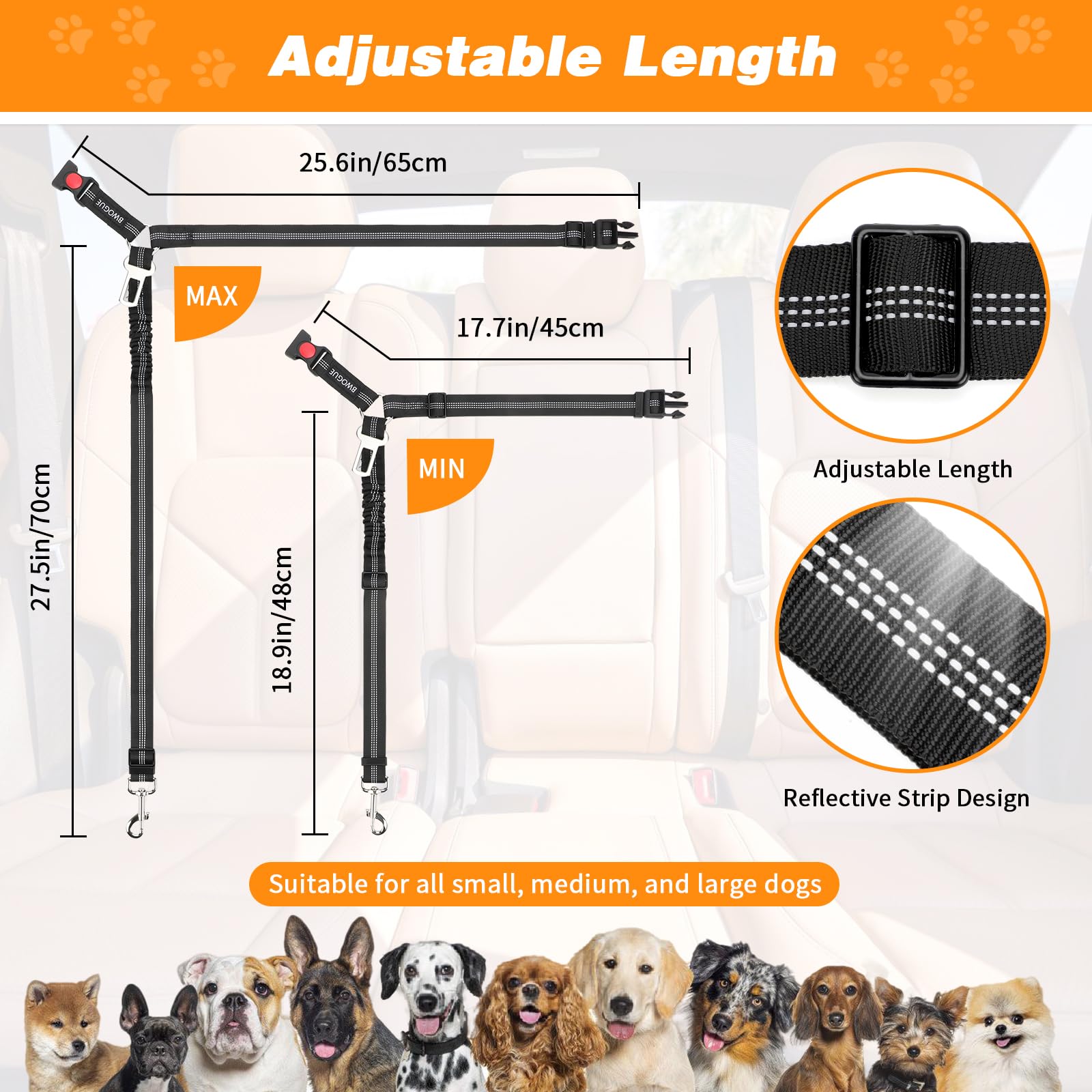 Bwogue 2 Piece Dog Seat Belt For Car With Elastic Bungee Buffer Safety Seatbelt Car Headrest Restraint Wear Adjustable Metal Buc