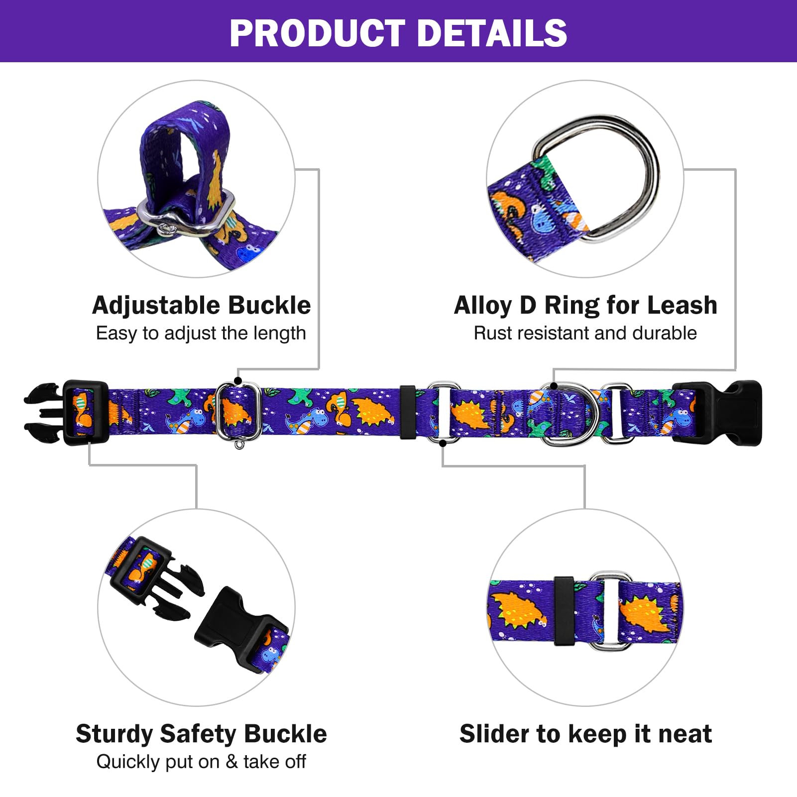 Hikiko Martingale Collar For Dogs Cute Dinosaur Dog Collar For Small Medium Large Dogs Comfortable Nylon Funny Dog Collars (Dino