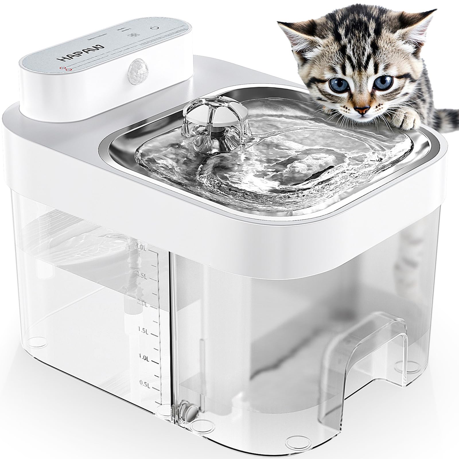 HAPAW Cat Water Fountain, Wastewater Separation & No Filter Cotton, Pet Water Dispenser with 101oz/3L Large Capacity Tank, Wirel