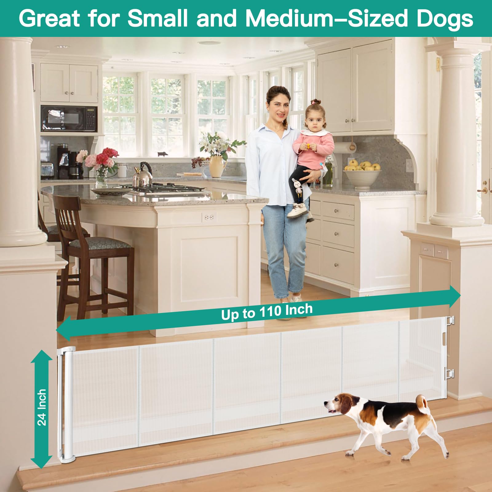 24 Inch Tall x 110 Inch Extra Wide Retractable Dog Gate for The House, Short Baby Gate to Step Over, Reinforced Mesh Puppy Gate