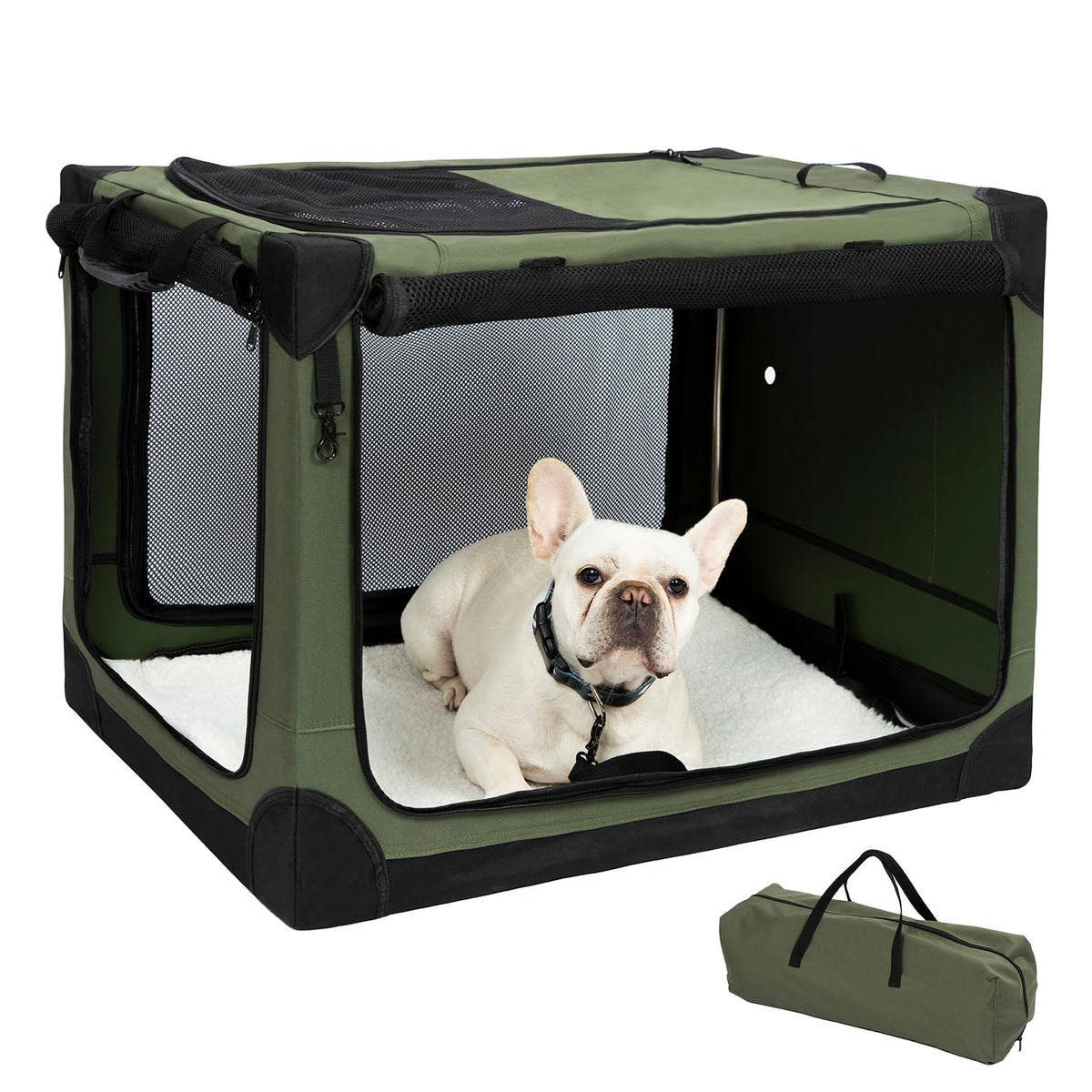 Pettycare 30 Inch Stainless Steel Collapsible Dog Crate - Soft Dog Crates For Medium Dogs, 4-Door Soft Sided Dog Kennel, Portable Foldable Travel Crate With Durable Mesh, Indoor & Outdoor, Olive Green