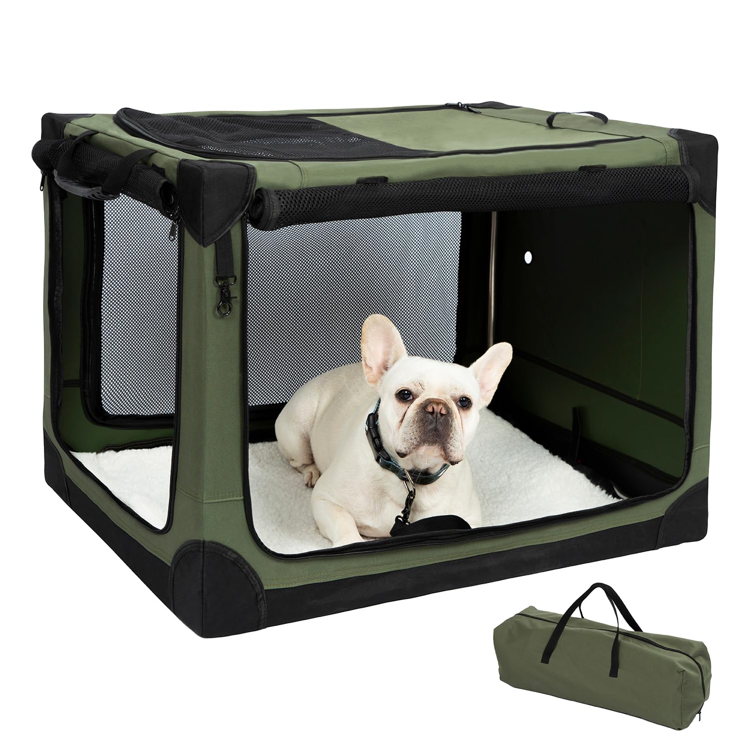 Pettycare 42 Inch Stainless Steel Collapsible Dog Crates For Large Dogs, 4-Door Soft Sided Dog Kennel For Travel, Portable Foldable Pet Crate With Durable Mesh Windows, Indoor & Outdoor, Olive Green