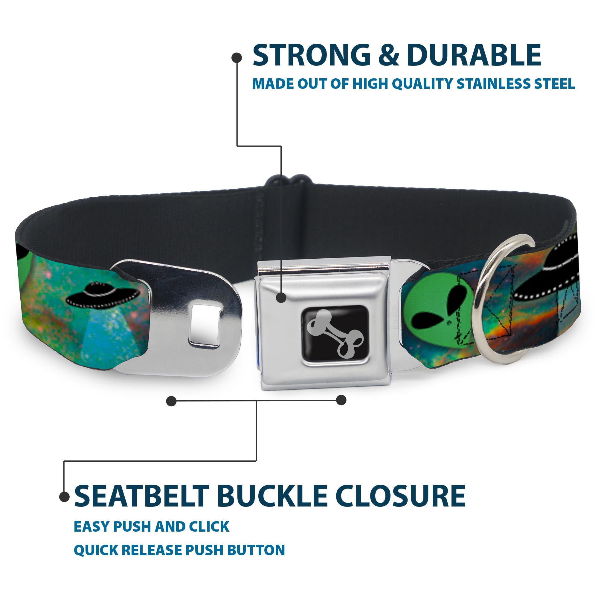 Buckle-Down Dog Collar Seatbelt Buckle Aliens Ufos Galaxy Green Black White 11 To 17 Inches 1.0 Inch Wide