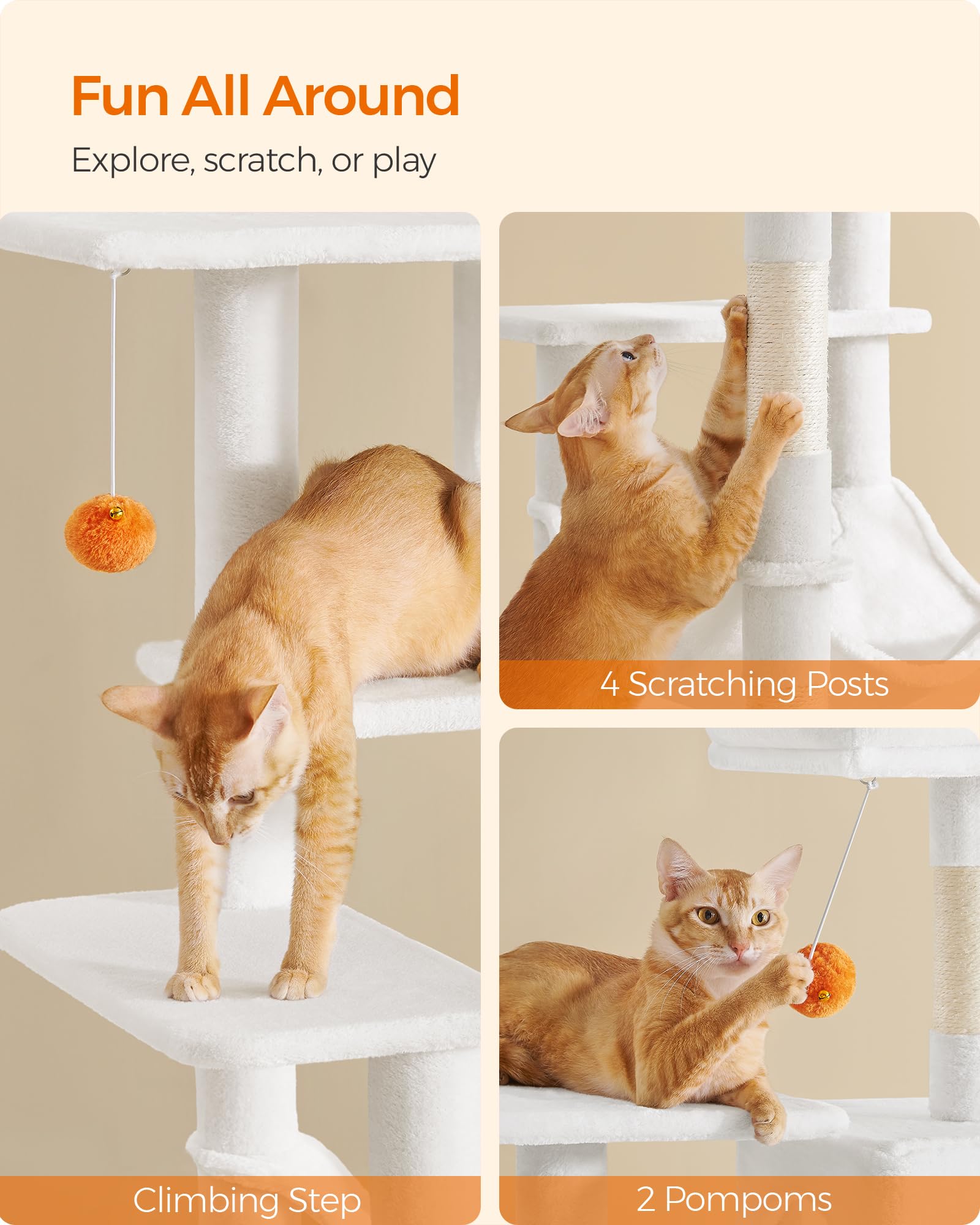 Feandrea Cat Tree, 56.3-Inch Cat Tower For Indoor Cats, Multi-Level Cat Condo With 4 Scratching Posts, 2 Perches, Hammock, Cave, Cream White Upct161T01