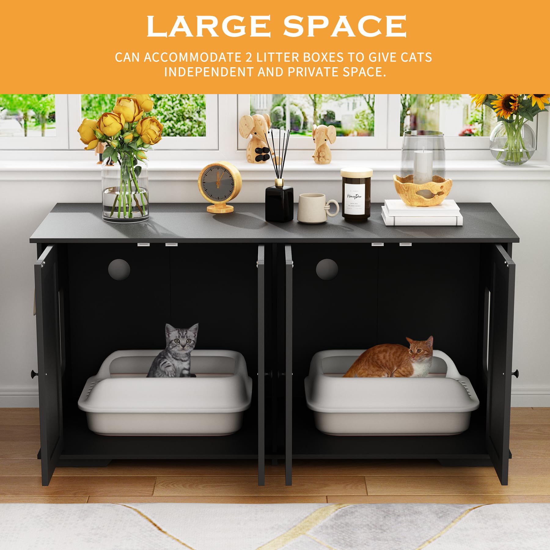 Moolive Cat Litter Box Enclosures, 47.2'' Double Hidden Litter Box Furniture Cabinet With 4 Doors And Divider, Large Cat Washroo
