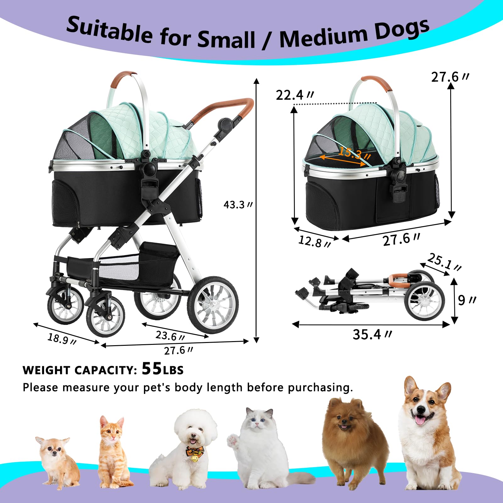 Ingborsa Pet Stroller For Medium/Small Dogs - Foldable, Lightweight Dog Carrier With Storage Basket (Green)
