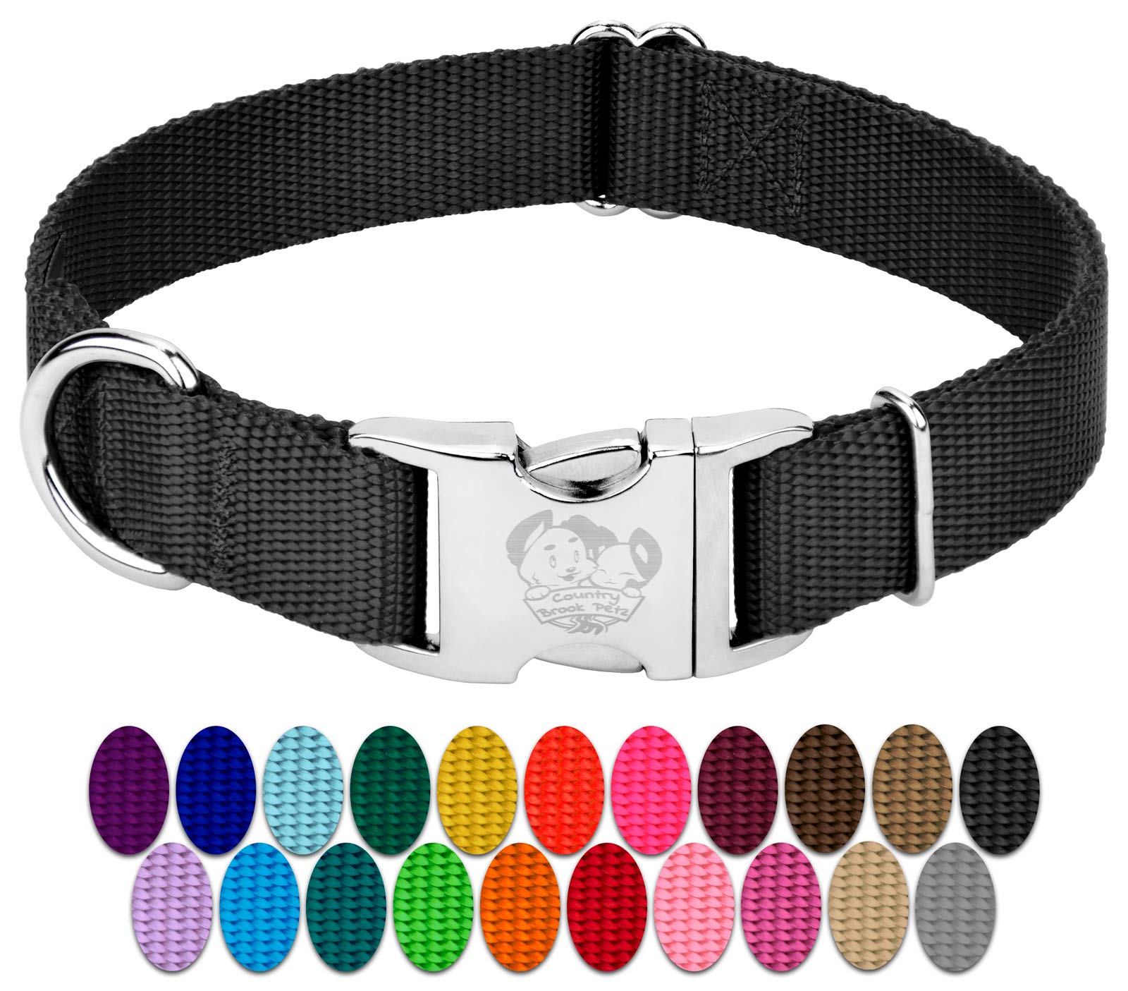 Country Brook Design - Vibrant 30+ Color Selection - Premium Nylon Dog Collar With Metal Buckle (Large, 1 Inch, Black)
