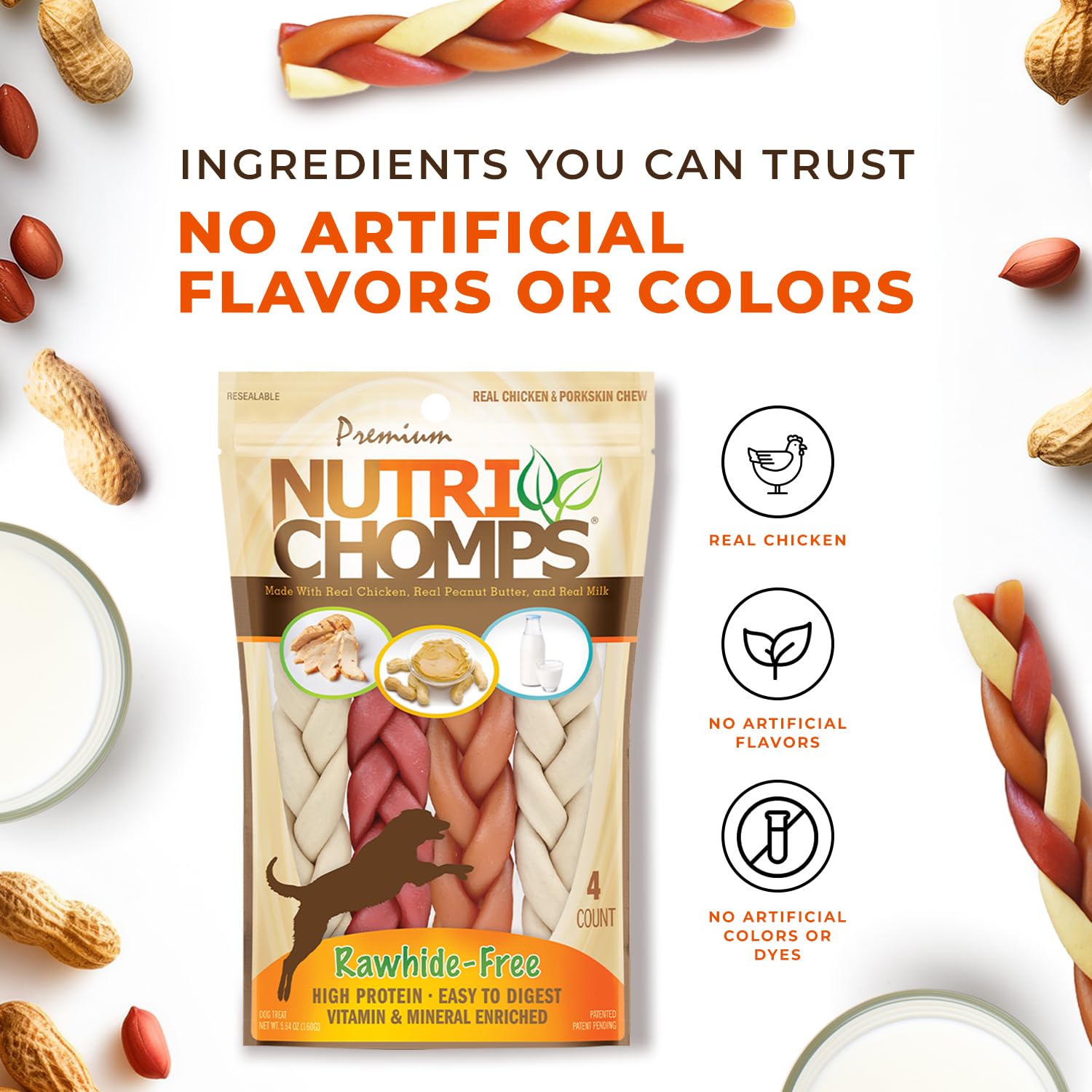 NutriChomps Dog Chews, 6-inch Braids, Easy to Digest, Rawhide-Free Dog Treats, Healthy, Real Chicken, Peanut Butter and Milk fla