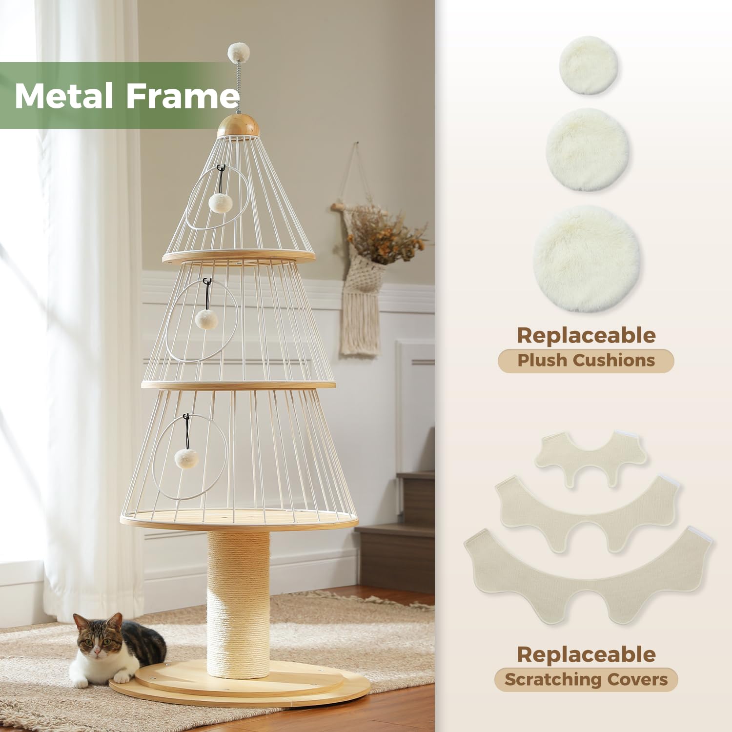 Muttros Modern Cat Tree 51.2 With Thick Scratch Post (5.4In), Wood Cat Furniture With 3 Condo & Aesthetic Metal Frame & Replac