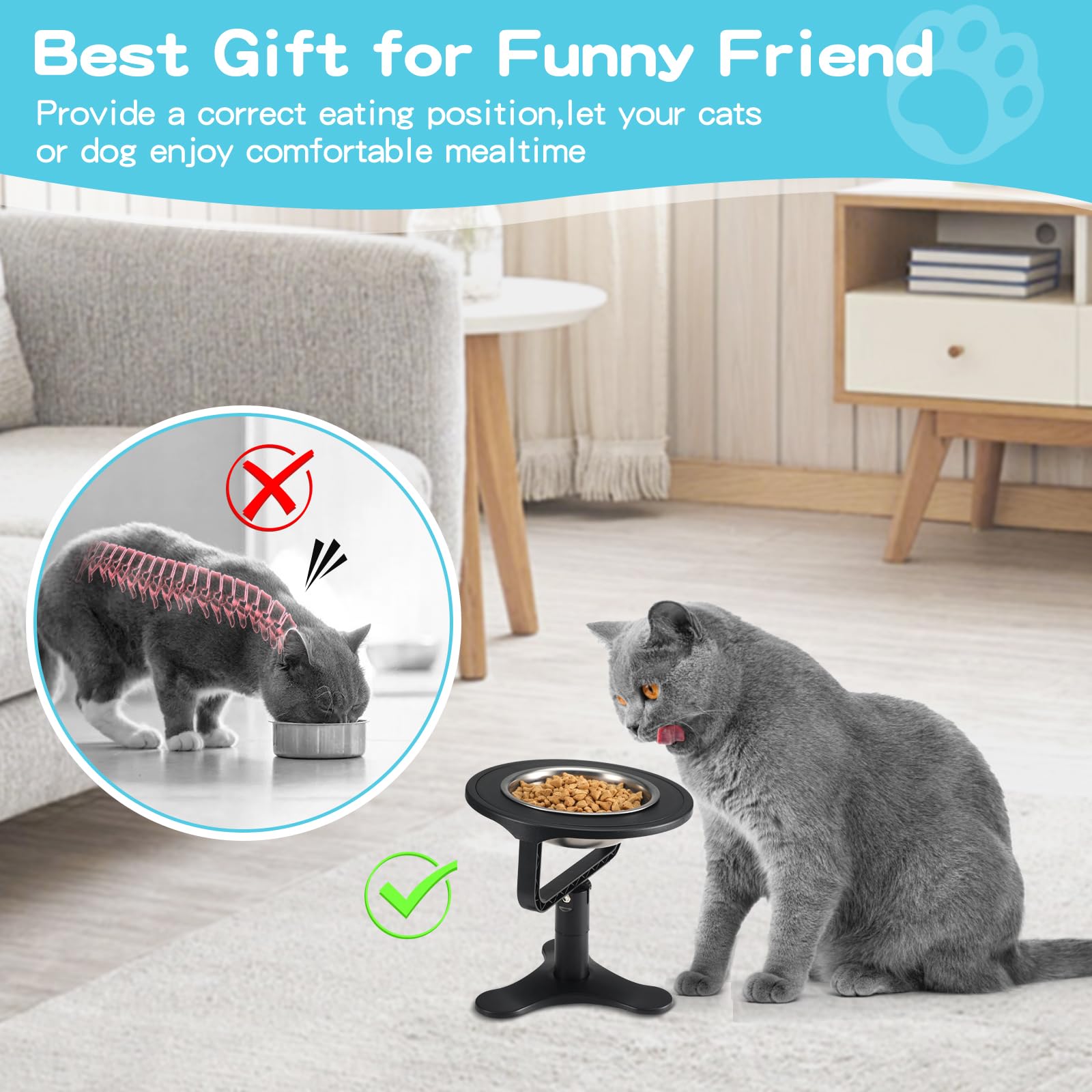 Elevated Cat Bowls Adjustable Stand,Non-Slip Stainless Steel Raised Cat Bowls With 15Tilted Stand For Cats And Puppy Black-2 Pac