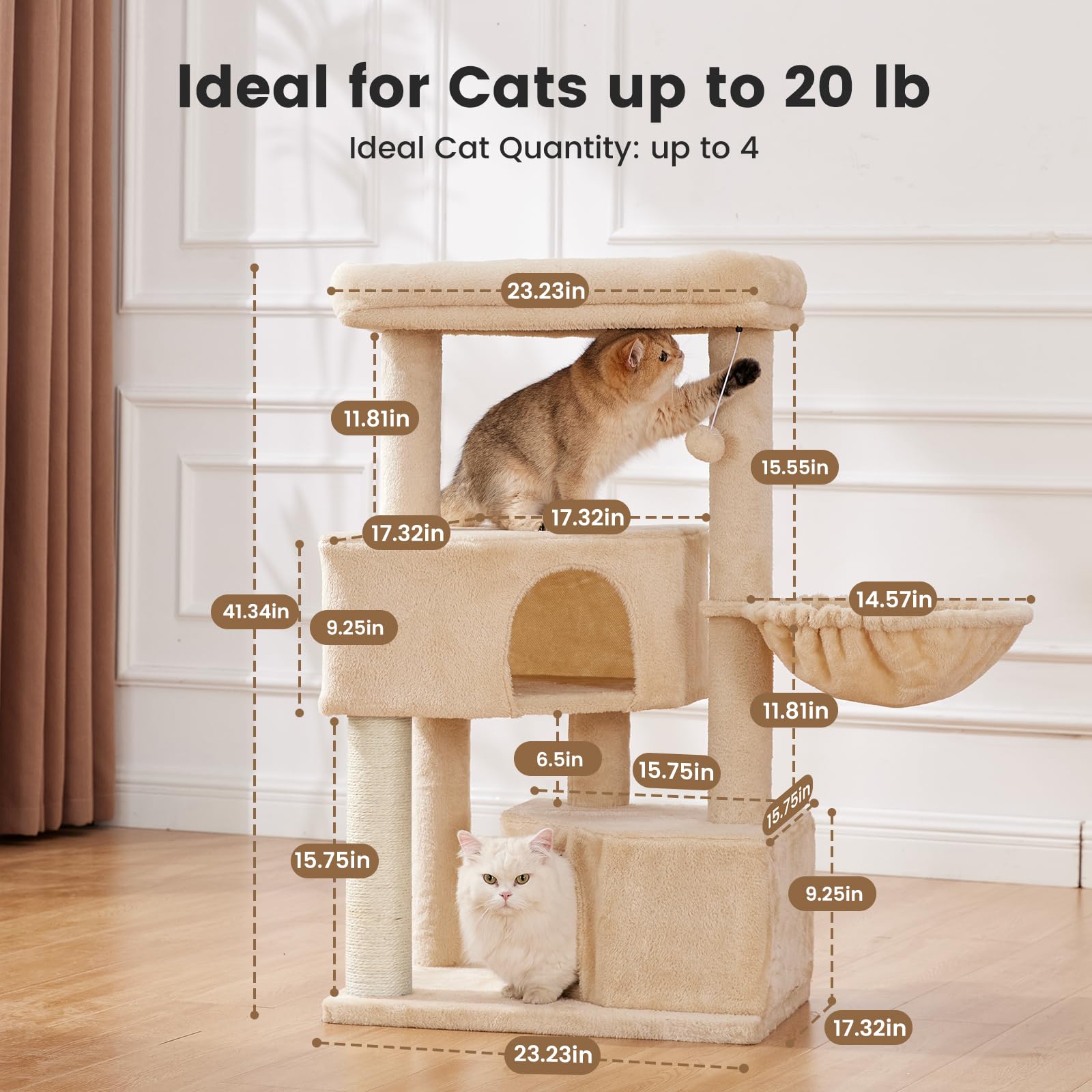 Gardner Pet 41'' Tall Cat Tree For Medium-Large Cats, Heavy Duty Cat Tower With 2.8In Posts & Washable Top Perches, Space-Saving