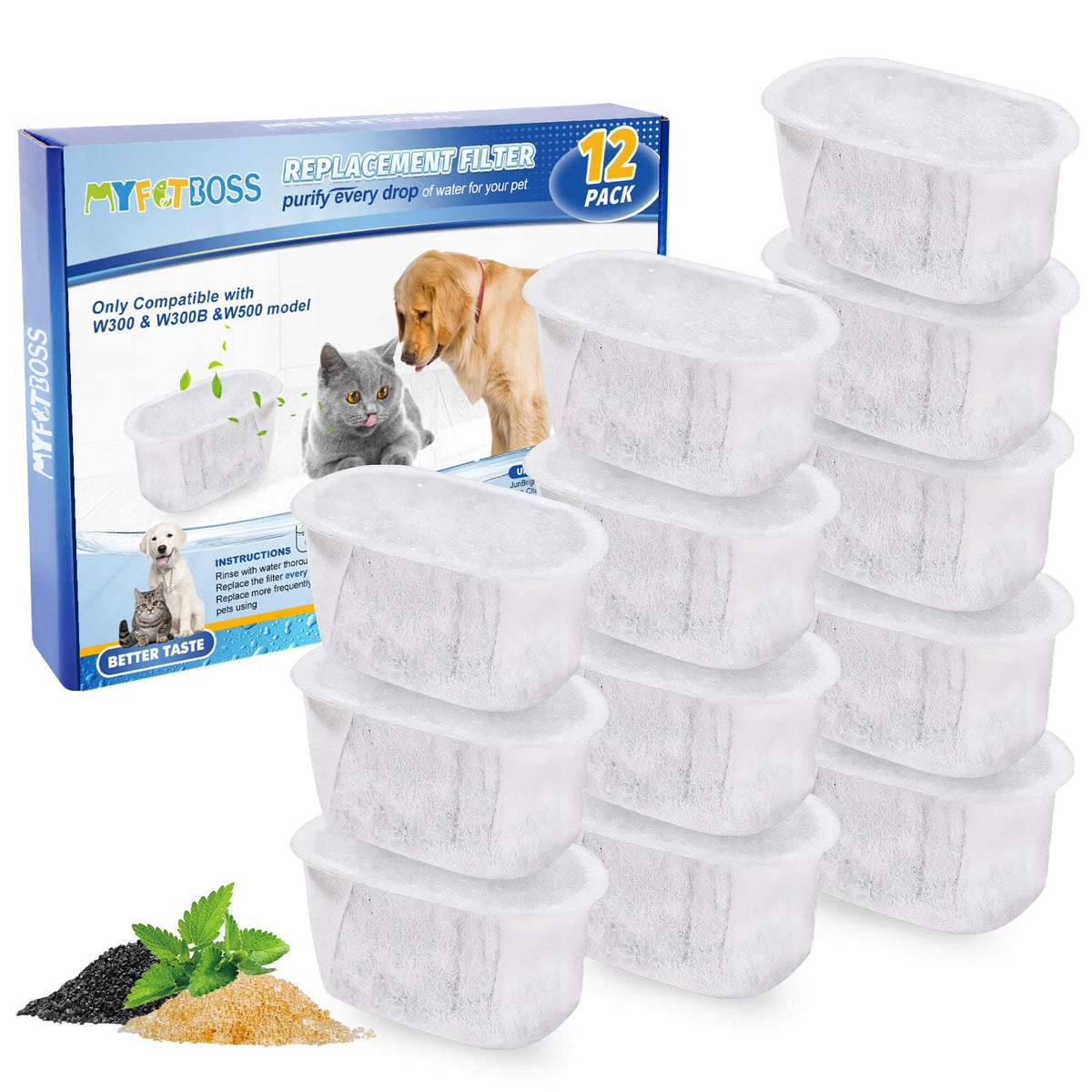 Myfatboss 12 Pack Cat Fountain Filter Replacement For W300&W300B&W500 Cat Water Fountain, Pet Filters For 67Oz/2L And 118Oz/3.5L