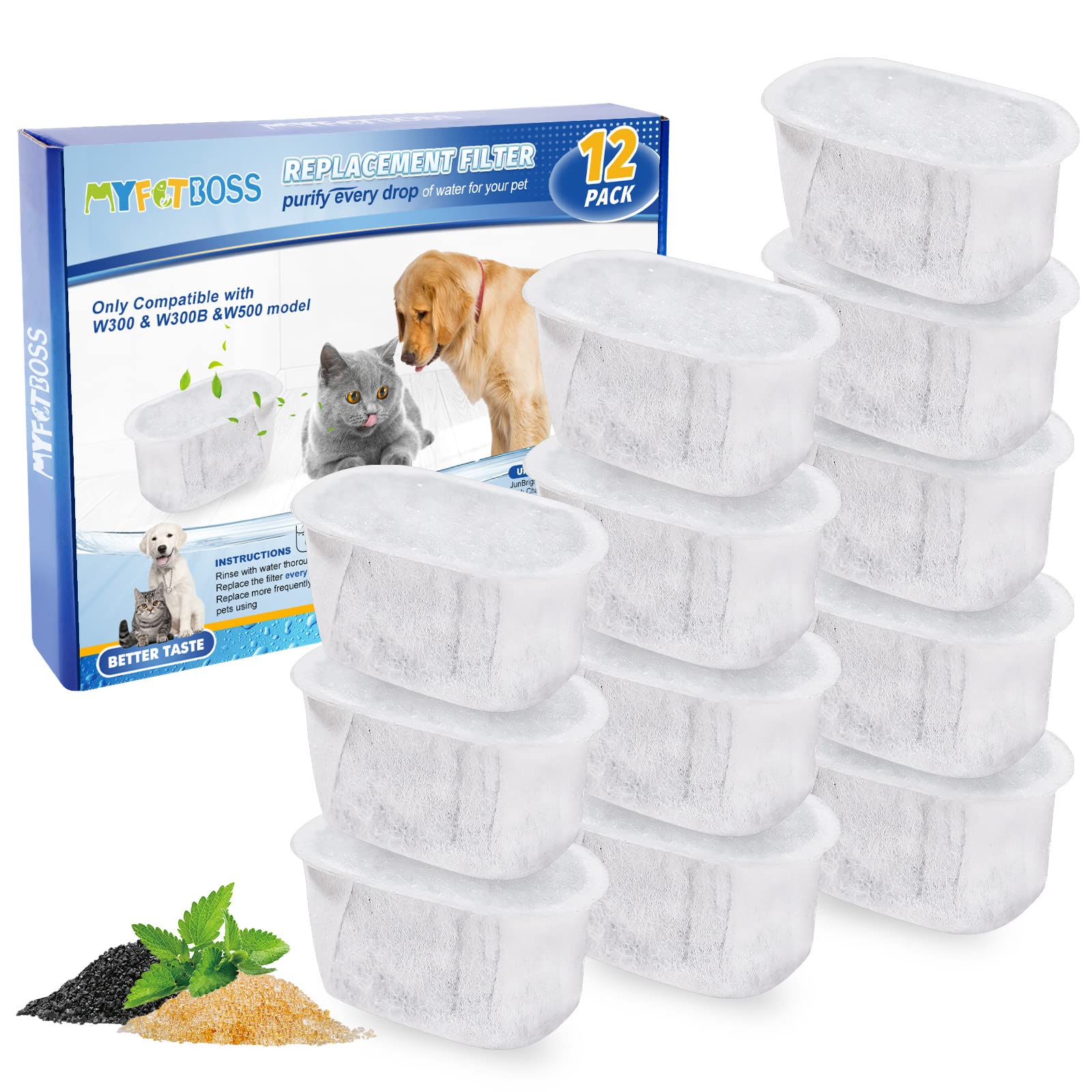 Myfatboss 6 Pack Cat Fountain Filter For W300, W300B, W500 - Filters 67Oz/2L & 118Oz/3.5L Automatic Pet Water Fountain