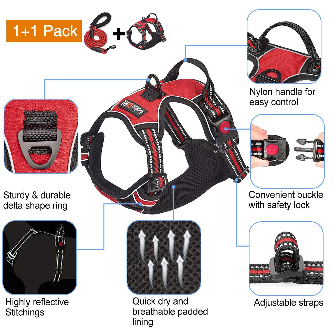 Tobedri No Pull Dog Harness Adjustable Reflective Oxford Easy Control Medium Large Dog Harness With A Free Heavy Duty 5Ft Dog Leash (M (Neck: 14.5'-20.5', Chest: 22'-28'), Red Harness+Leash)