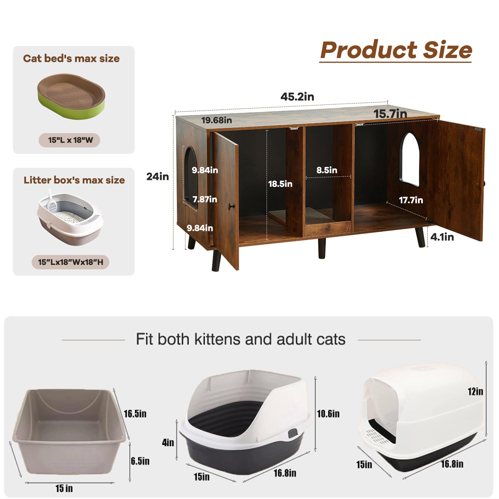 JanflyHome Litter Box Furniture for 2 Cats - Farmhouse Hidden Cat Litter Box Enclosure Cabinet Furniture Double Room, 42.3 TV St