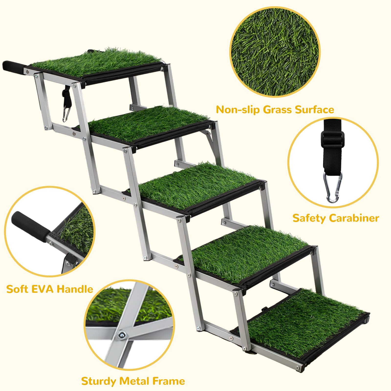 Dog Stairs For Car, Portable Folding Dog Ramps,Dog Steps For Large Dogs With Non-Slip Grass Rug For Cars, Suv, Trucks, Lightweig