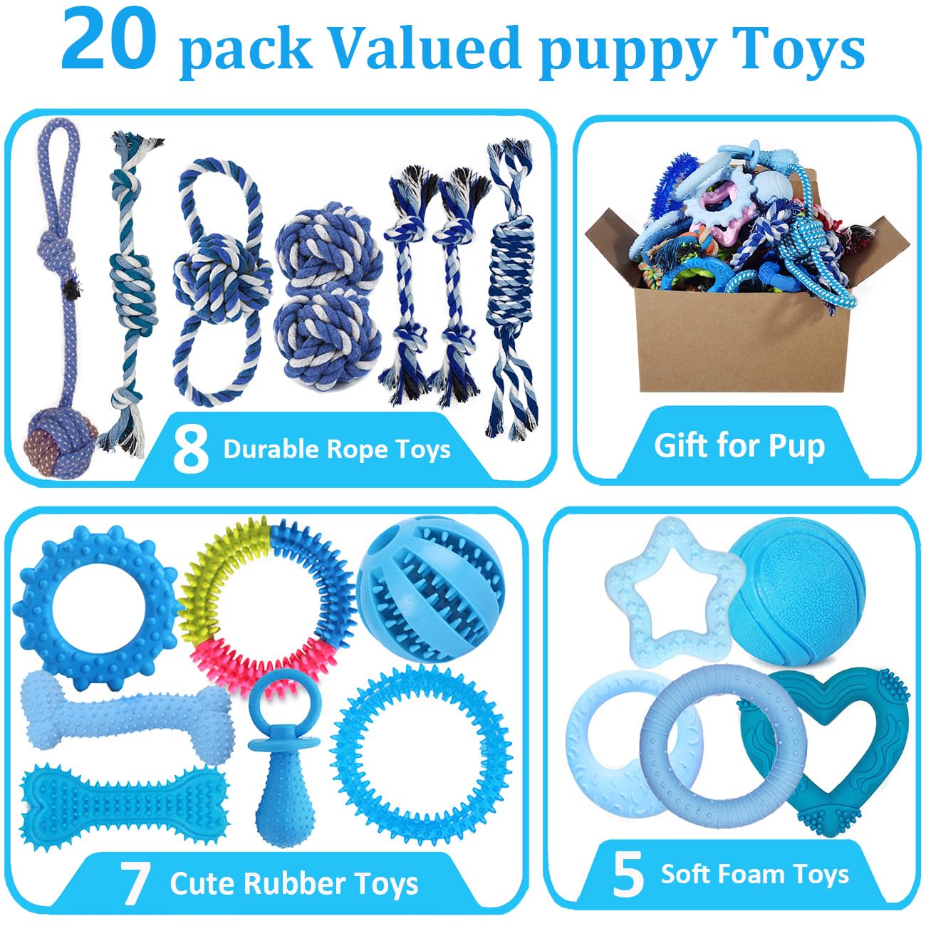 PawsAion Puppy Toy Pack - 20 Blue Rubber & Rope Chew Toys for Small Breeds, Interactive Teething Bundle, Model Z001