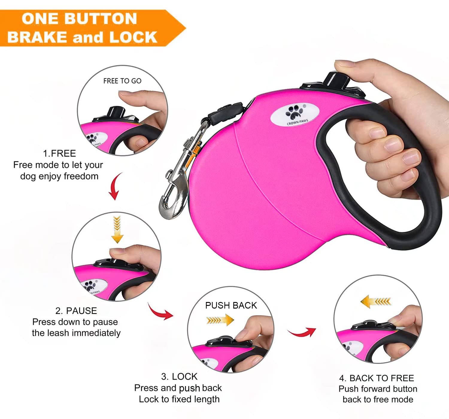Crown Paws 16Ft Retractable Dog Leash For Large Breed Dogs Up To 110 Lbs With A Detachable Chew Proof Extender Wire Ropes (Pink