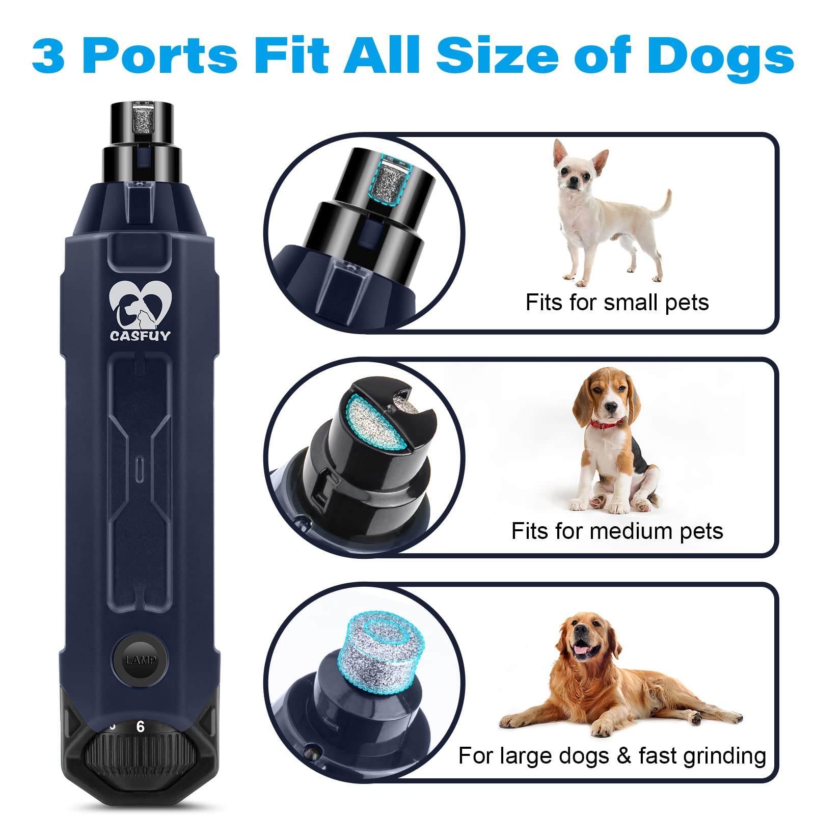 Casfuy 6-Speed Dog Nail Grinder - Newest Enhanced Pet Nail Grinder Super Quiet Rechargeable Electric Dog Nail Trimmer Painless Paws Grooming & Smoothing Tool For Large Medium Small Dogs (Blue)