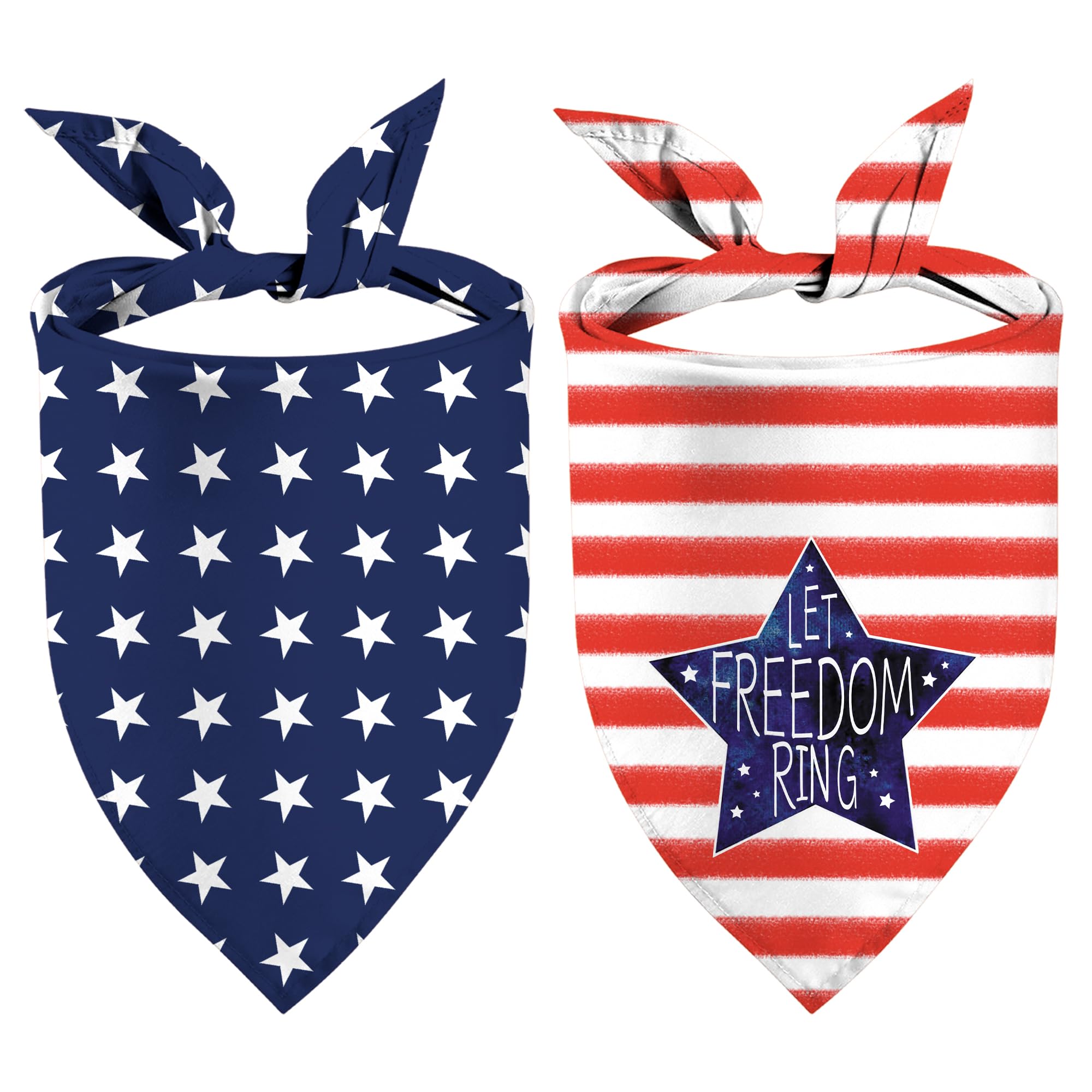 4Th Of July Dog Bandanas, Reversible Dual-Layer Patriotic Theme Design 2 Pack, Let Freedom Ring Independence Day Square Dog Kerc