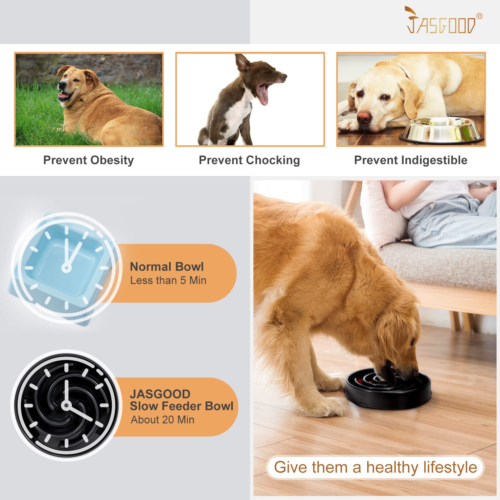JASGOOD Slow Feeder Dogs Bowl for Large Medium Dogs,Anti-Gulping Pet Slower Food Feeding Bowls Stop Bloat,Preventing Choking