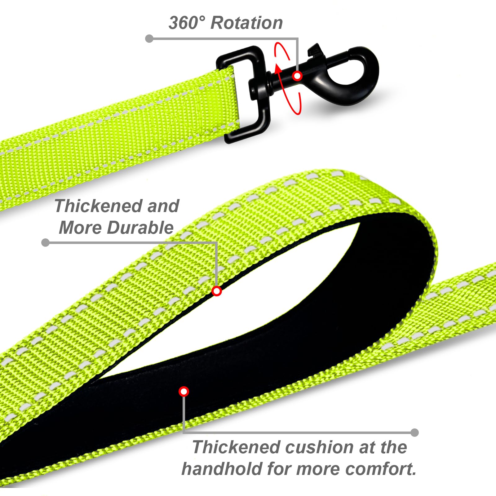 Heavy Duty Double-Sided Reflective Dog Leash, Padded Handle Nylon Reinforced Reflective Buckle Dog Collar, Green, Large, 6Ft