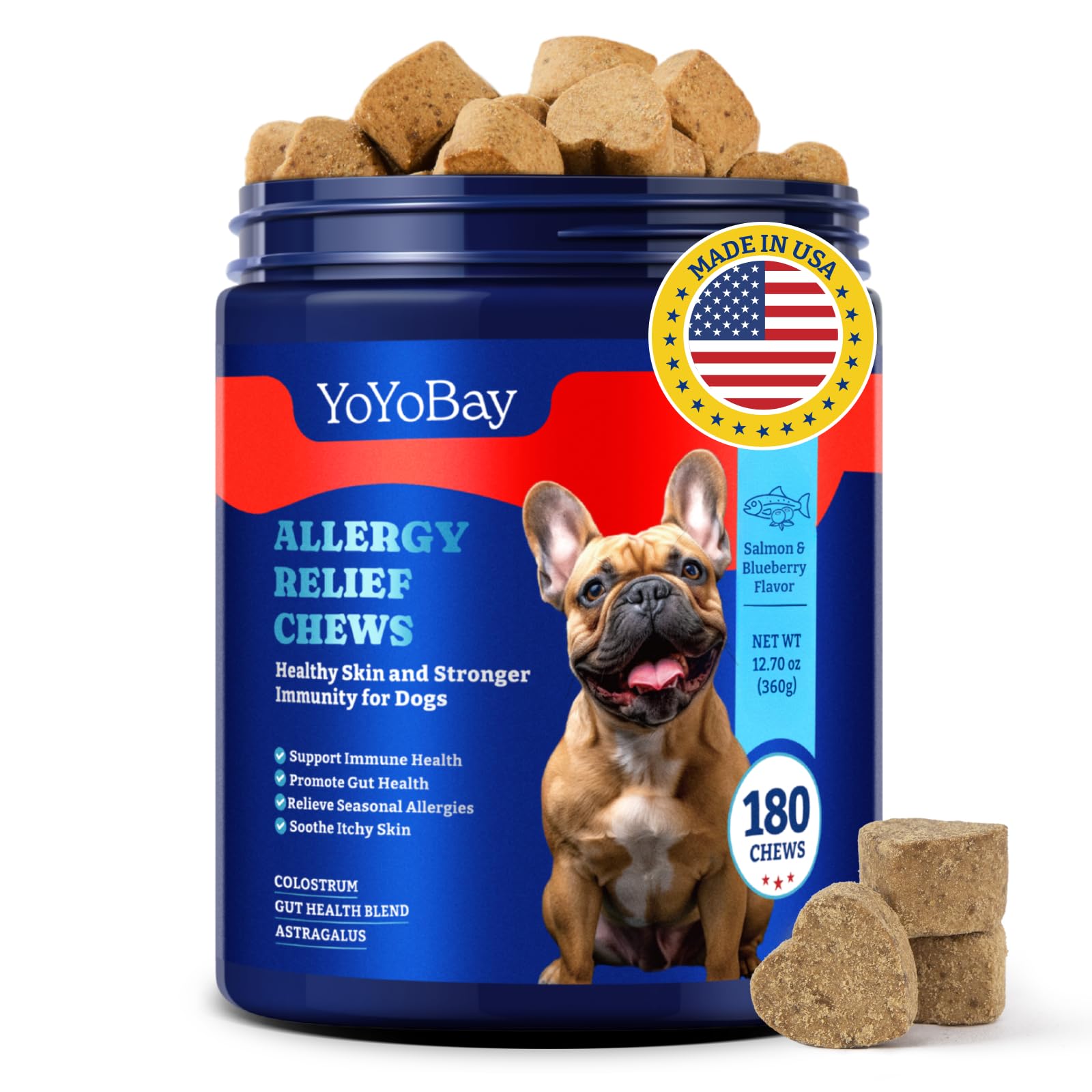 YoYoBay Dog Allergy Relief Chews - 180 Soft Chews, Salmon & Blueberry Flavor - Immune Support & Itch Relief with Colostrum, Astr