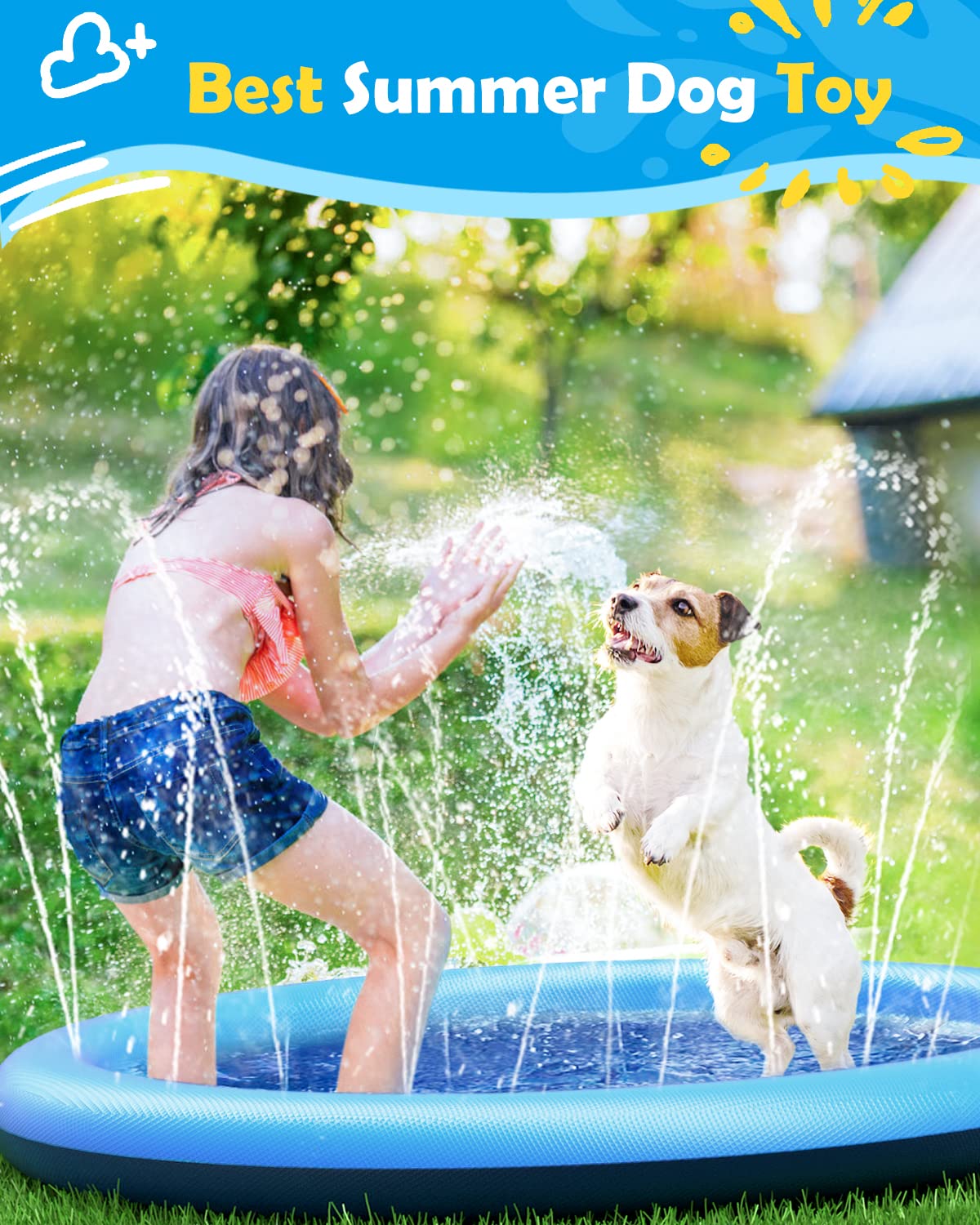 Peteast Anti-Slip Splash Pad For Kids And Dogs - 86In 0.58Mm Thicken Sprinkler Dog Pool For Summer Outdoor Water Toys - Fun Back