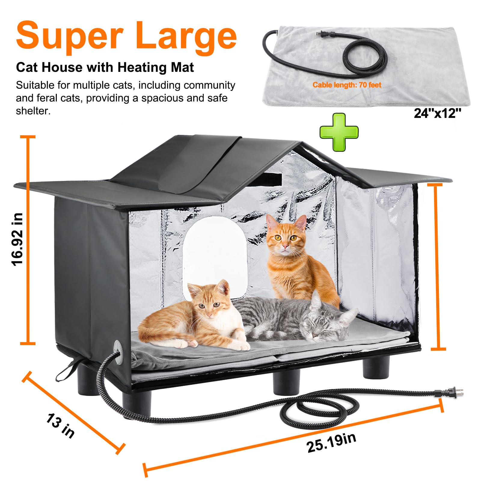 Texsens Heated Cat House for Outside - Weatherproof Large Outdoor Cat Shelter with Roof Window- Insulated Elevated House for Str