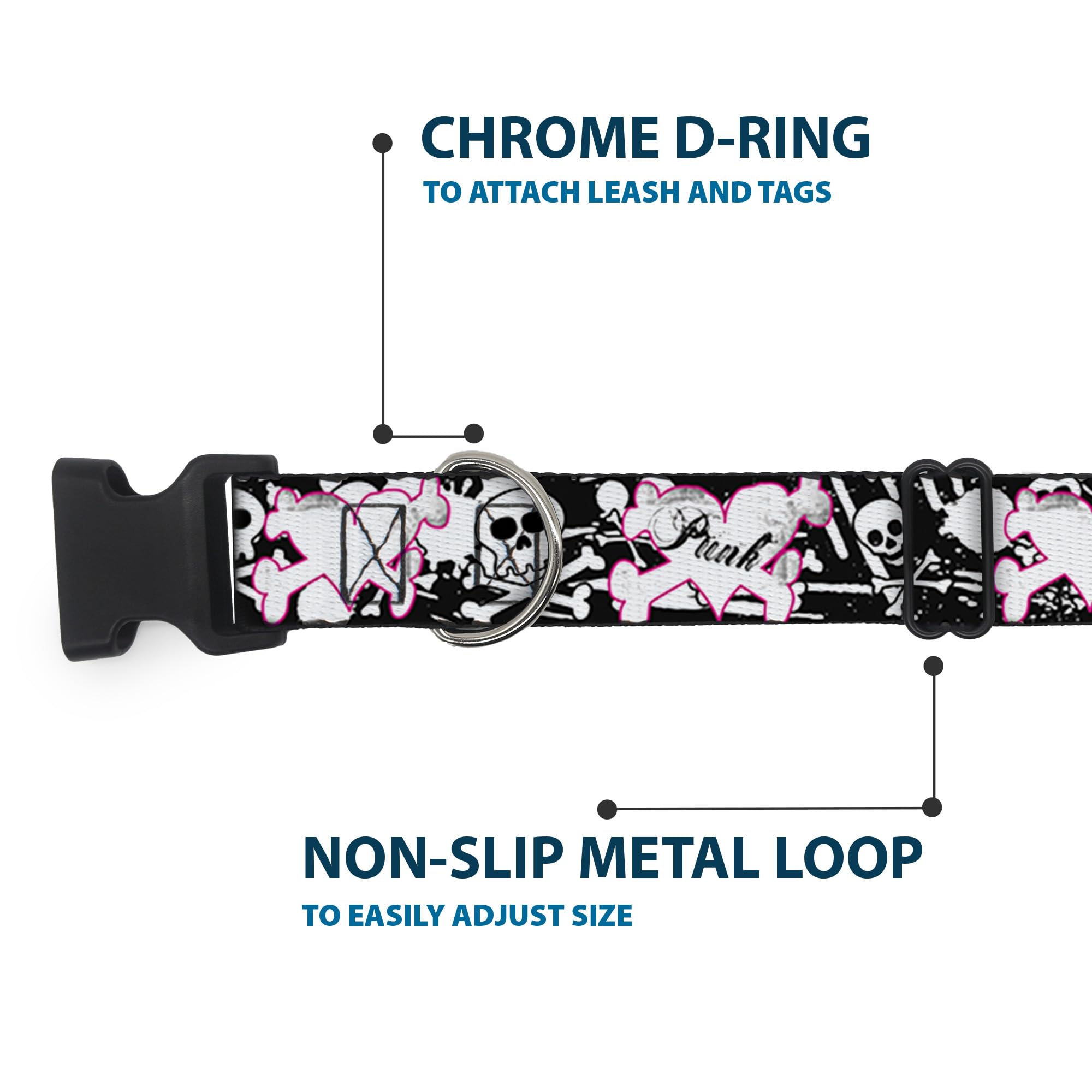 Buckle-Down 13-18 Punk Heart & Cross Bones with Skulls & Splatter Black/White Plastic Clip Collar, Wide Small