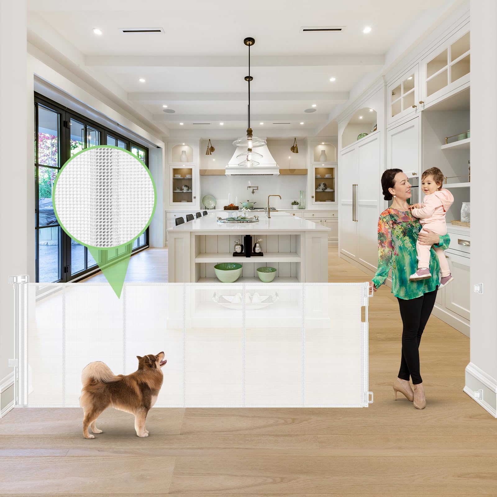 Reinforced 120 Inch Extra Long Retractable Baby & Dog Gate with Support Rods Prevents Crawling Under, 10 Ft Wide for Large Openi