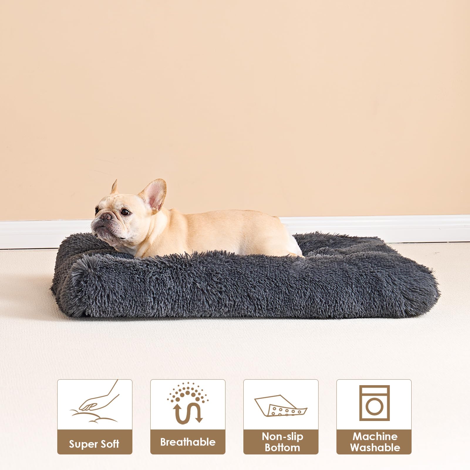 Eheyciga Fluffy Dog Crate Bed For Small Dogs, Plush Faux Fur Dog Crate Pad, Calming Anti Anxiety Small Dog Bed For Crate, Washable Soft Warm Dog Crate Mat With Non-Slip Bottom, Dark Grey