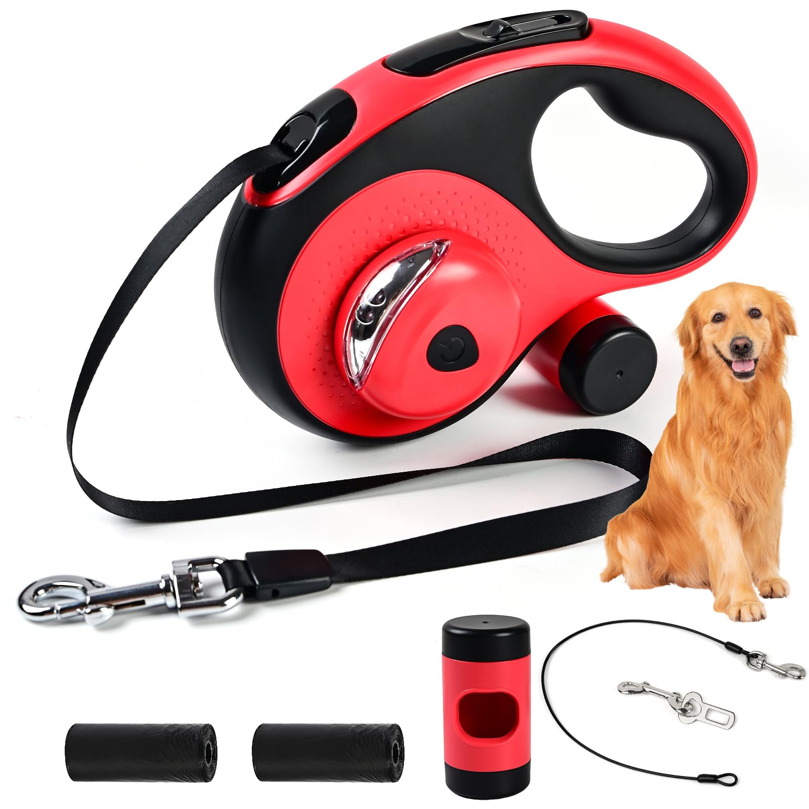 Odriew Retractable Dog Leash For Large Dogs, 26Ft Heavy Duty-For Dog Up To 110Lbs, With Chew Proof Cable, Led Light, Dispenser, 